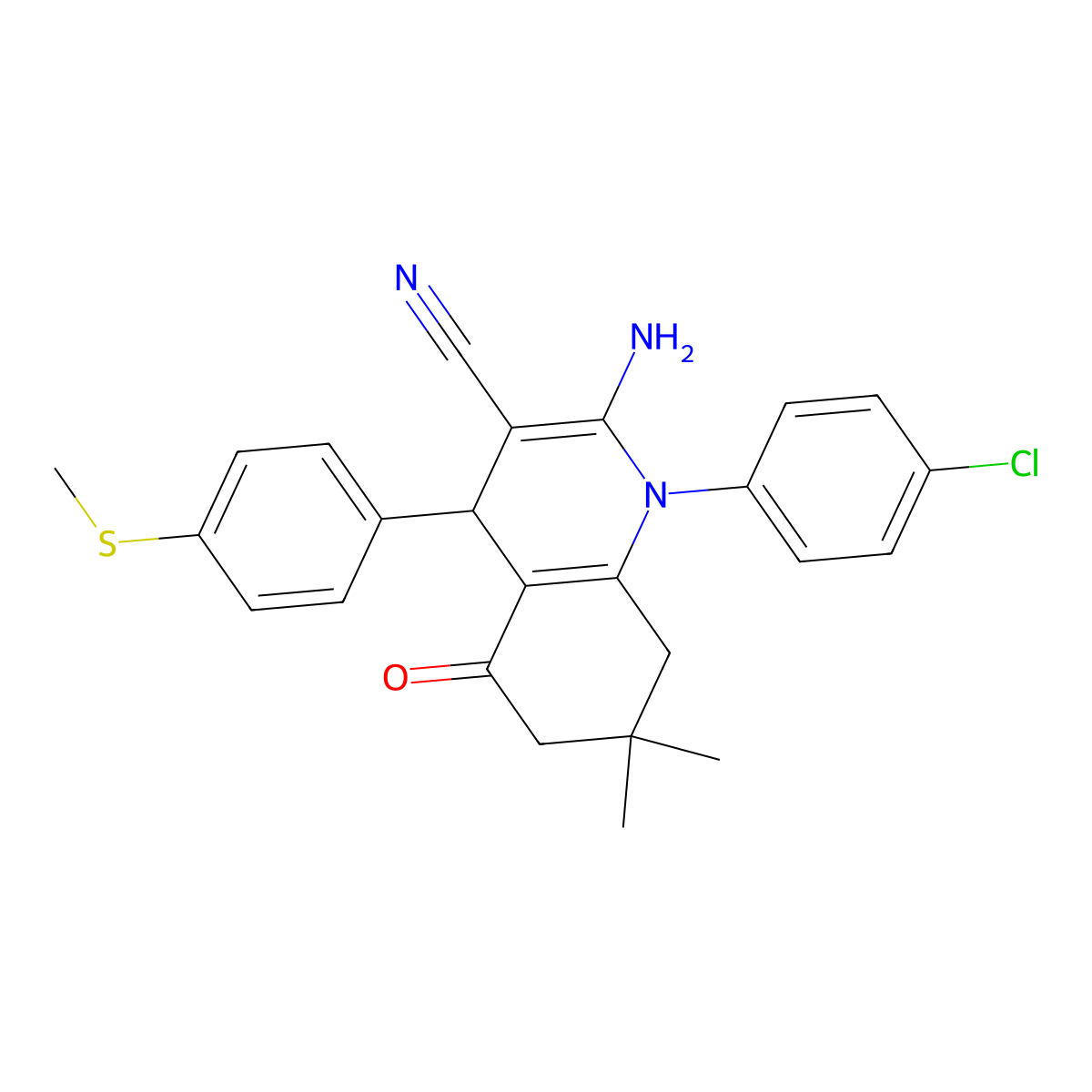2-Amino-1-(4-chlorophenyl)-7,7-dimethyl-4-[4-(methylsulfanyl)phenyl]-5-oxo-1,4,5,6,7,8-hexahydro-3-quinolinecarbonitrile molecular structure, CAS 339336-69-5