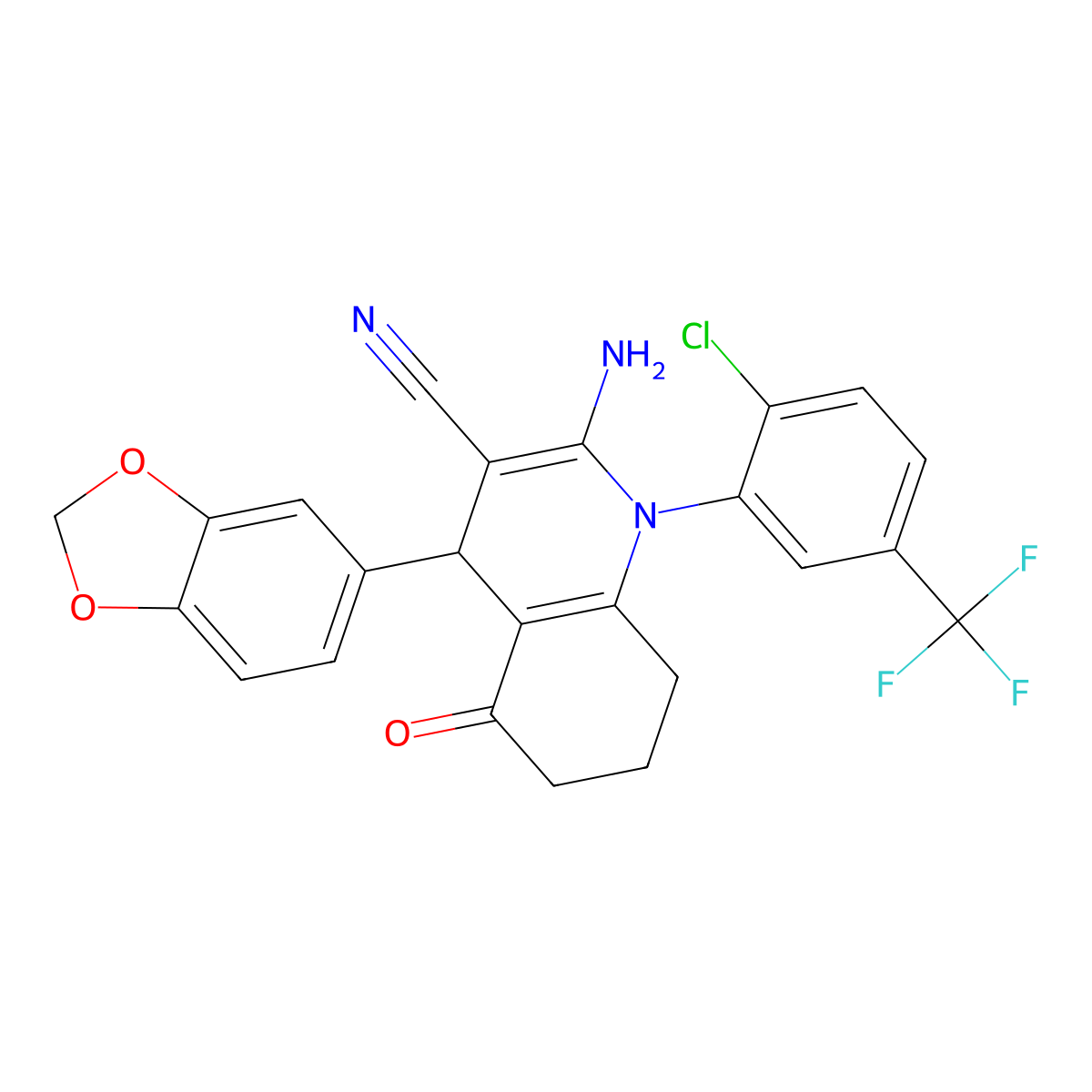 2-Amino-4-(1,3-benzodioxol-5-YL)-1-(2-chloro-5-(trifluoromethyl)phenyl)-5-oxo-1,4,5,6,7,8-hexahydro-3-quinolinecarbonitrile molecular structure, CAS 339337-77-8
