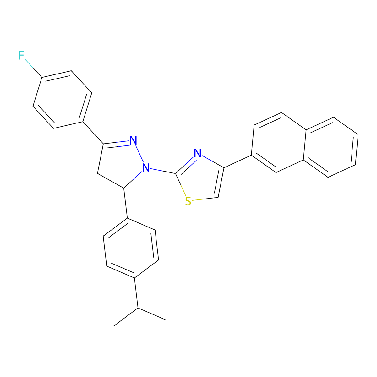 2-[5-(4-Fluorophenyl)-3-(4-propan-2-ylphenyl)-3,4-dihydropyrazol-2-yl]-4-naphthalen-2-yl-1,3-thiazole molecular structure, CAS 339338-36-2