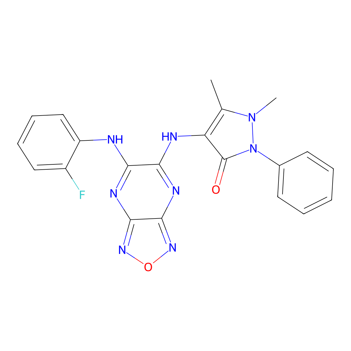 4-({6-[(2-fluorophenyl)amino][1,2,5]oxadiazolo[3,4-b]pyrazin-5-yl}amino)-1,5-dimethyl-2-phenyl-1,2-dihydro-3H-pyrazol-3-one molecular structure, CAS 339338-75-9