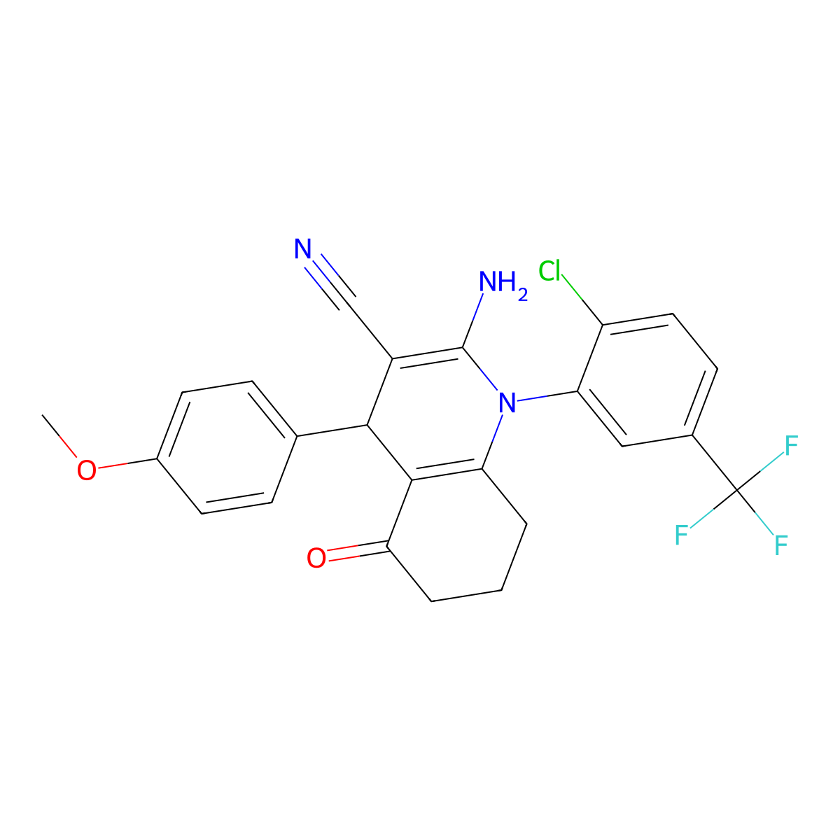 2-Amino-1-[2-chloro-5-(trifluoromethyl)phenyl]-4-(4-methoxyphenyl)-5-oxo-1,4,5,6,7,8-hexahydro-3-quinolinecarbonitrile molecular structure, CAS 339339-14-9