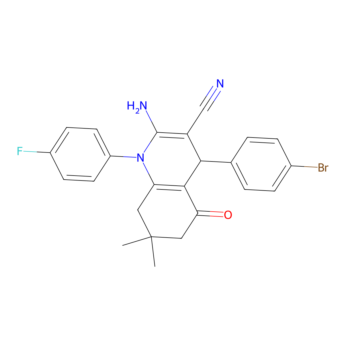 2-Amino-4-(4-bromophenyl)-1-(4-fluorophenyl)-7,7-dimethyl-5-oxo-1,4,5,6,7,8-hexahydro-3-quinolinecarbonitrile molecular structure, CAS 339340-72-6