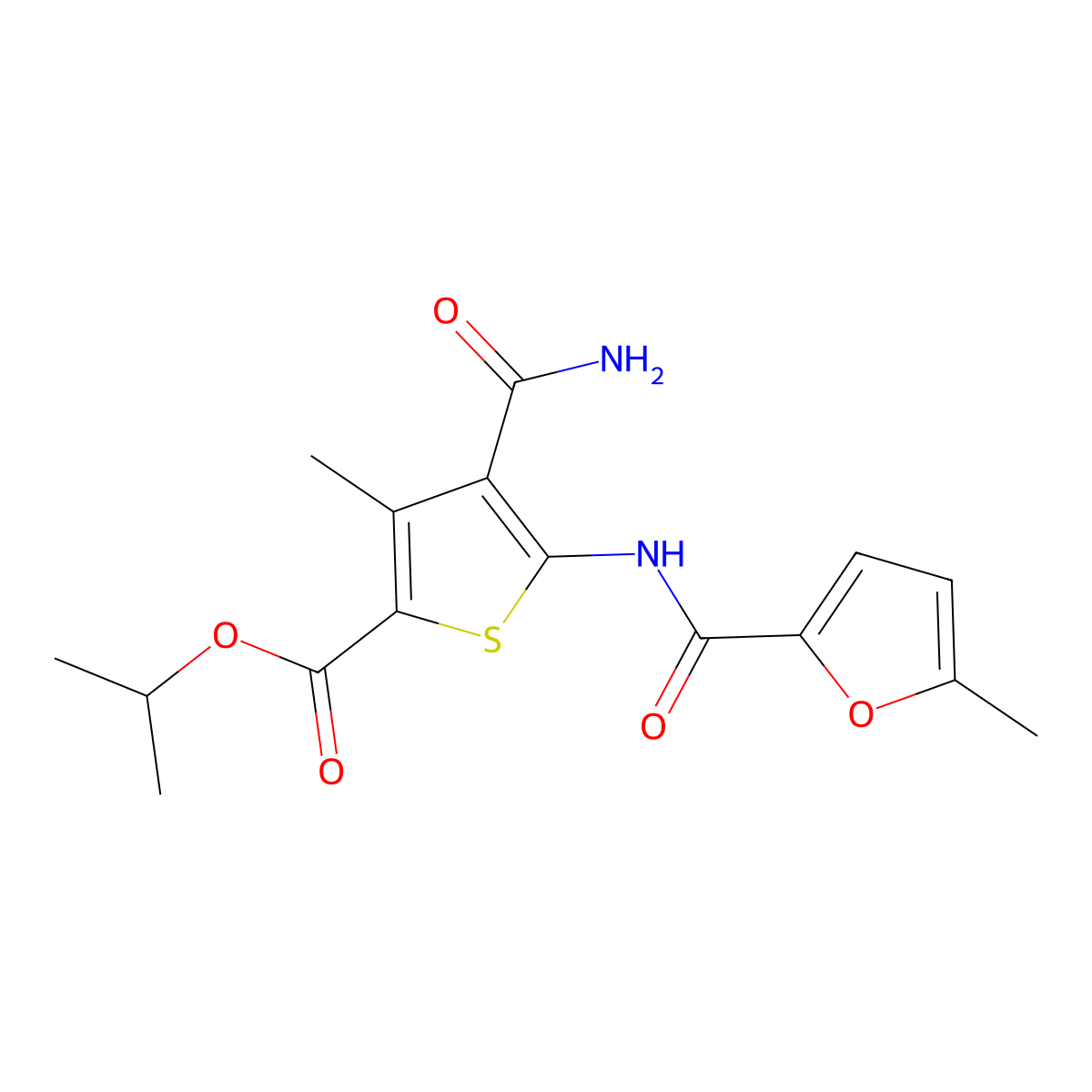Propan-2-yl 4-carbamoyl-3-methyl-5-[(5-methylfuran-2-carbonyl)amino]thiophene-2-carboxylate molecular structure, CAS 339361-71-6