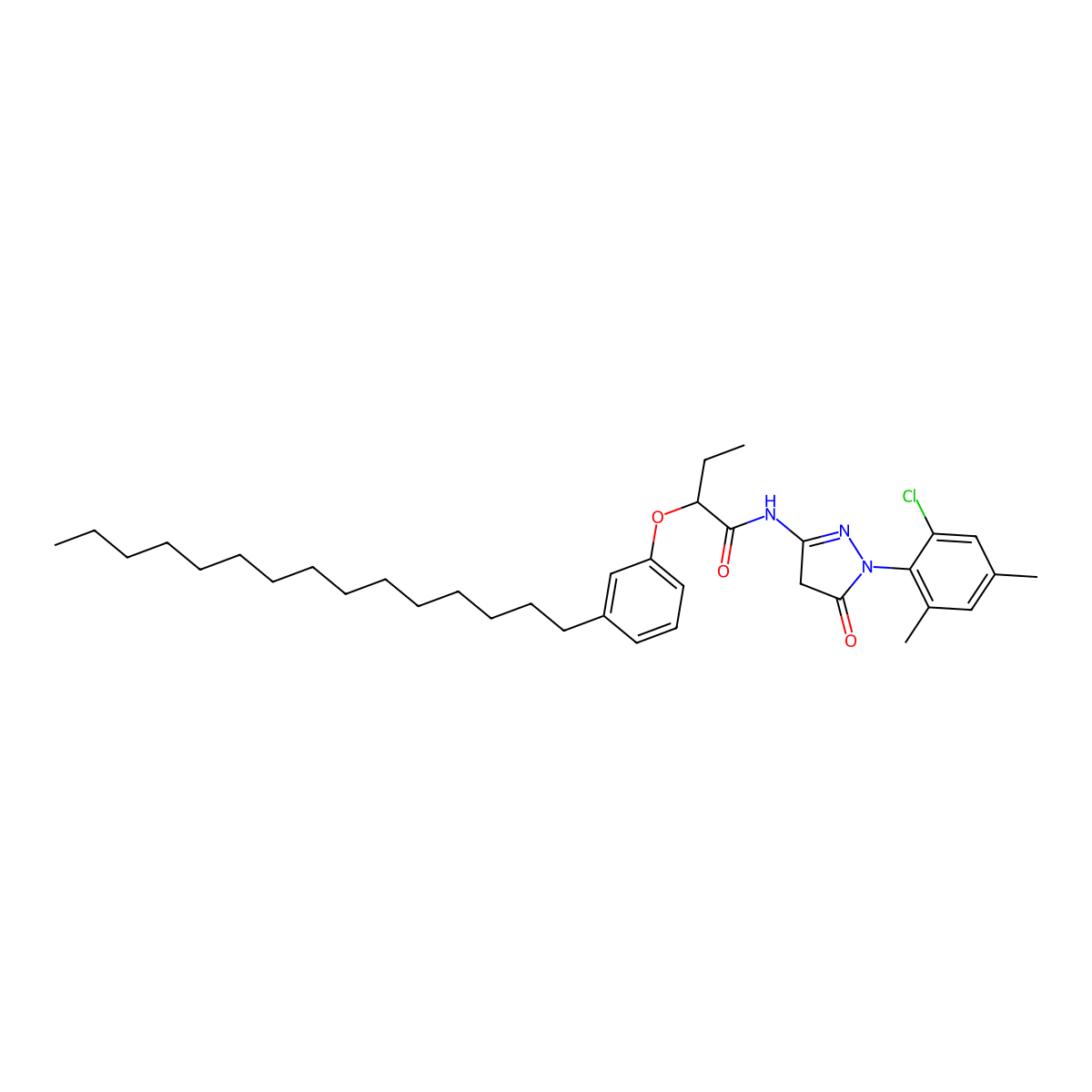 Butanamide, N-(1-(2-chloro-4,6-dimethylphenyl)-4,5-dihydro-5-oxo-1H-pyrazol-3-yl)-2-(3-pentadecylphenoxy)- molecular structure, CAS 33956-01-3