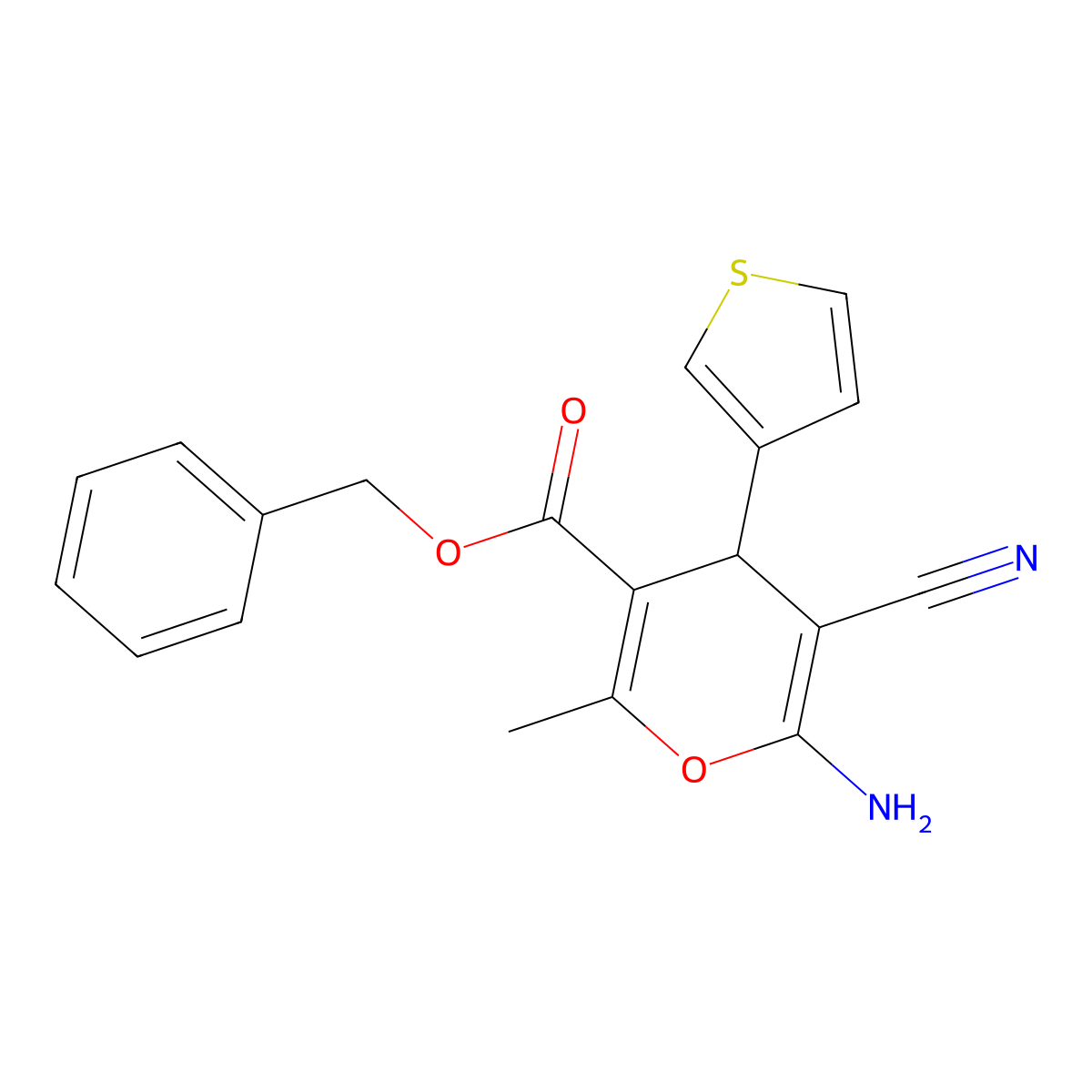 benzyl 6-amino-5-cyano-2-methyl-4-(thiophen-3-yl)-4H-pyran-3-carboxylate molecular structure, CAS 339581-00-9