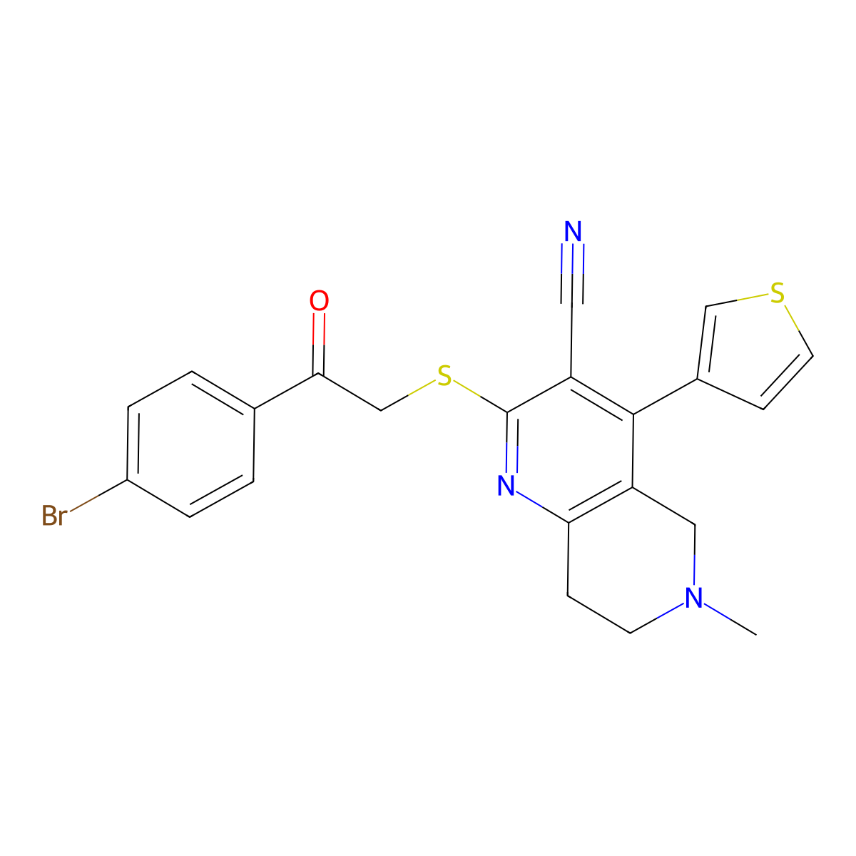2-[2-(4-bromophenyl)-2-oxoethyl]sulfanyl-6-methyl-4-thiophen-3-yl-7,8-dihydro-5H-1,6-naphthyridine-3-carbonitrile molecular structure, CAS 339582-16-0