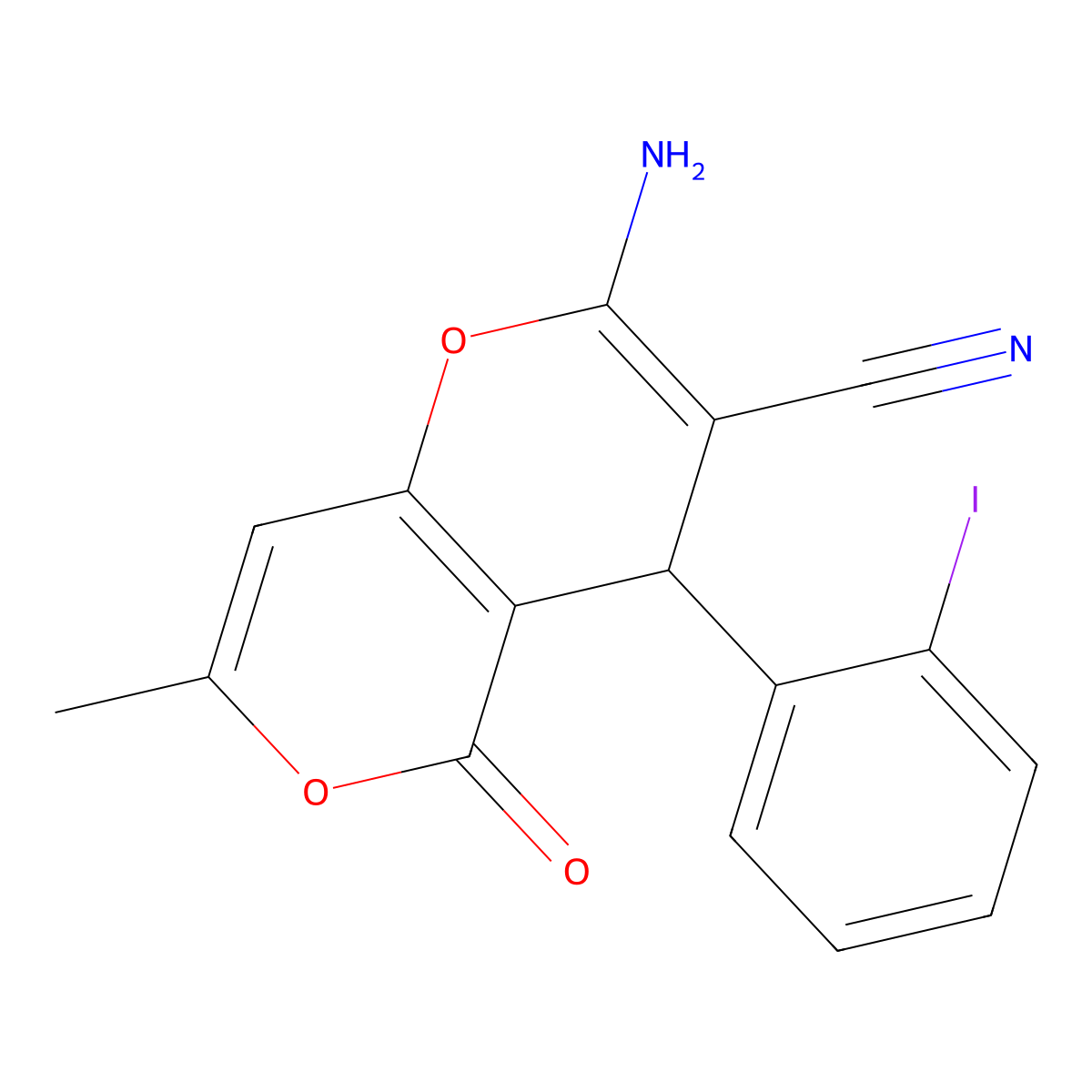 2-amino-4-(2-iodophenyl)-7-methyl-5-oxo-4H,5H-pyrano[4,3-b]pyran-3-carbonitrile molecular structure, CAS 339584-01-9