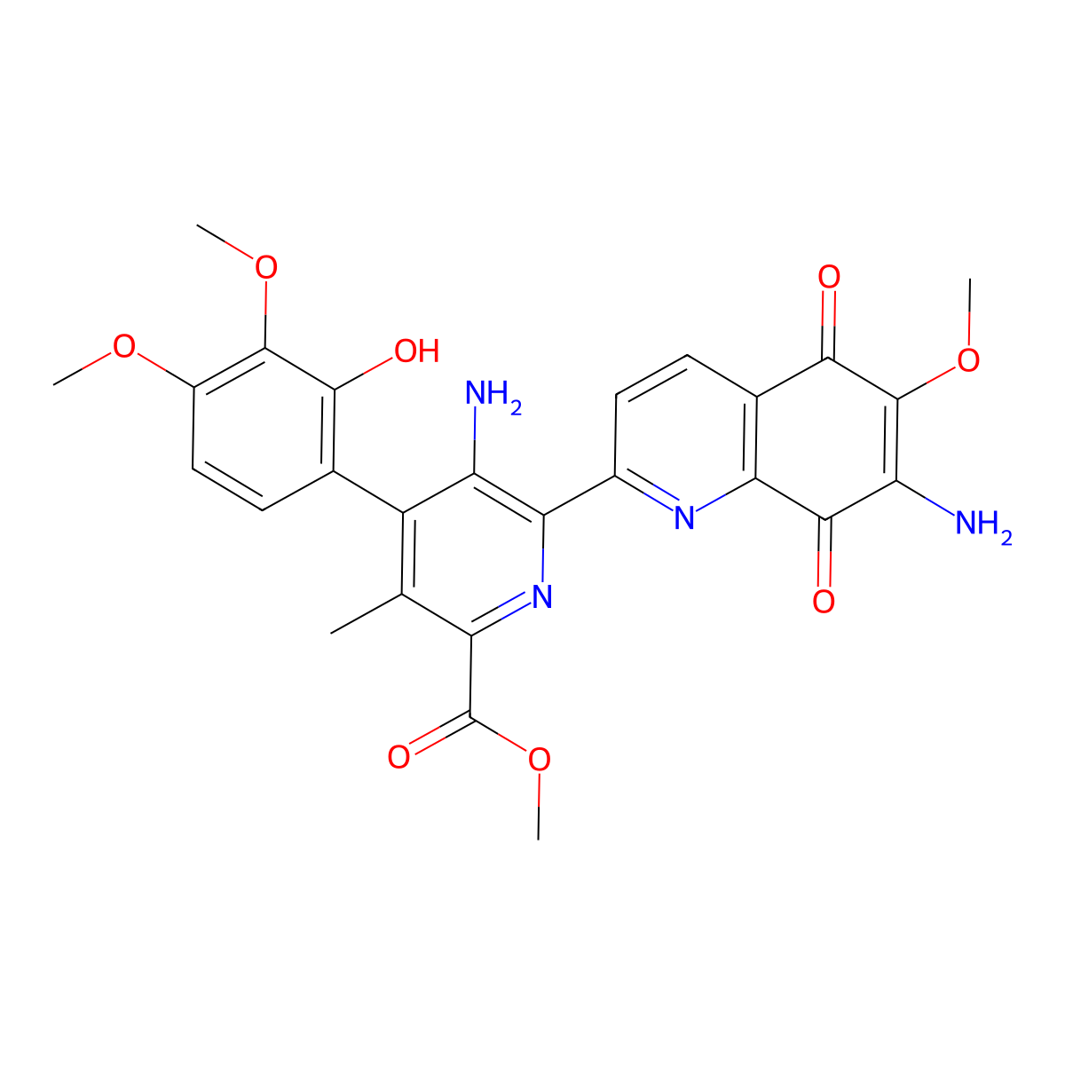 Methyl 5-amino-6-(7-amino-5,8-dihydro-6-methoxy-5,8-dioxo-2-quinolinyl)-4-(2-hydroxy-3,4-dimethoxyphenyl)-3-methyl-2-pyridinecarboxylate molecular structure, CAS 3398-48-9