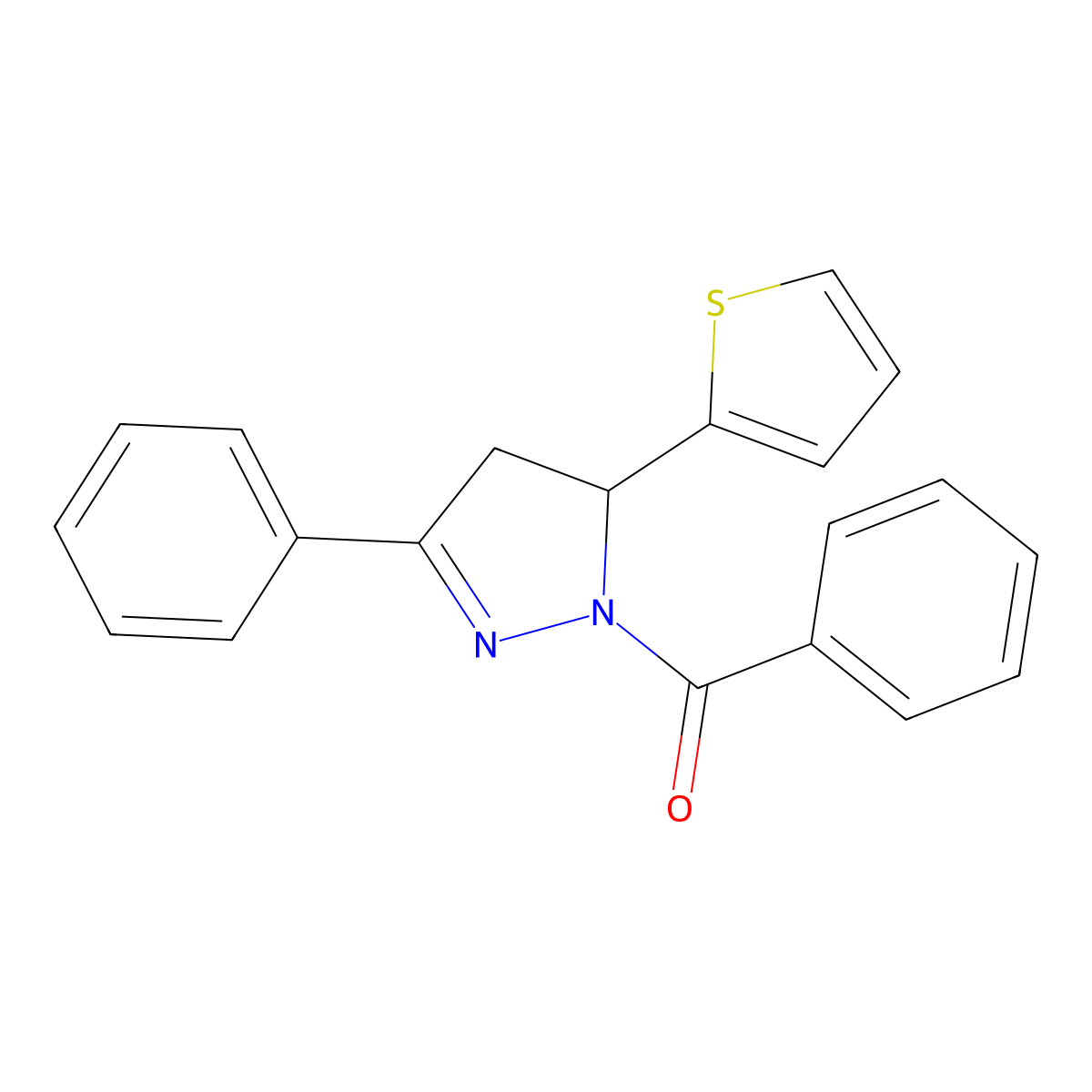 Phenyl-(5-phenyl-3-thiophen-2-yl-3,4-dihydropyrazol-2-yl)methanone molecular structure, CAS 340000-29-5