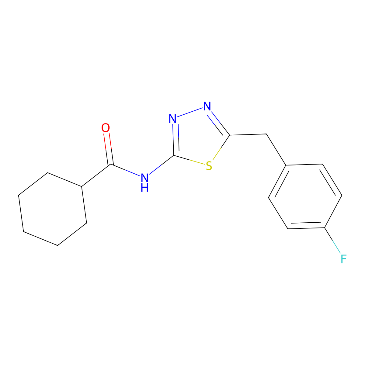 N-(5-((4-Fluorophenyl)methyl)-1,3,4-thiadiazol-2-yl)cyclohexanecarboxamide molecular structure, CAS 340006-79-3