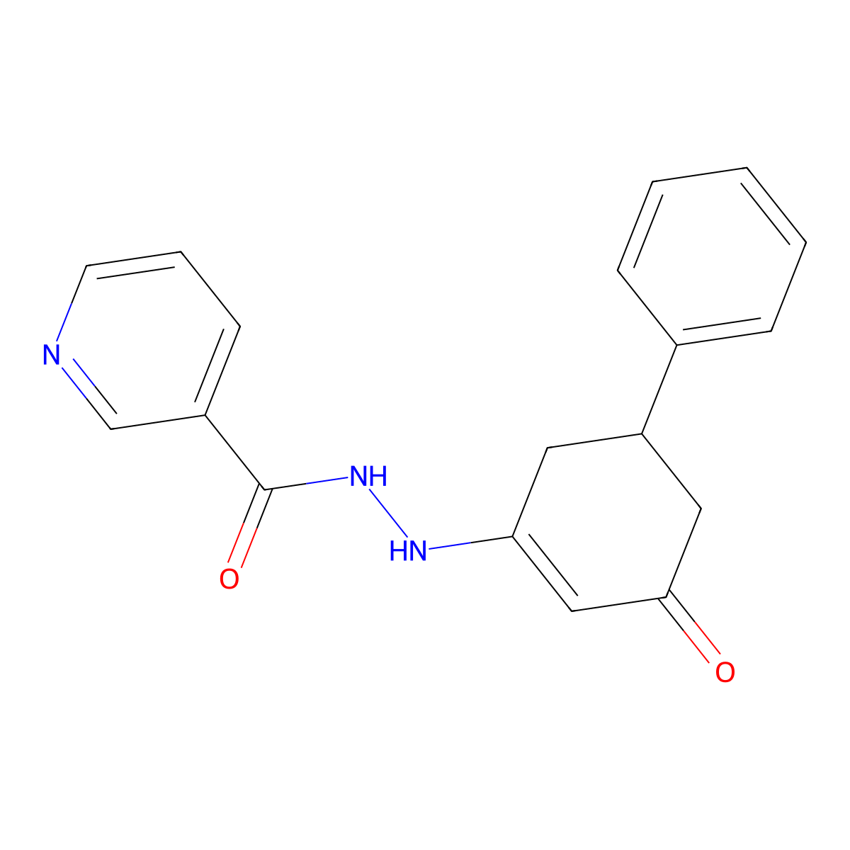 3-Pyridinecarboxylic acid, 2-(3-oxo-5-phenyl-1-cyclohexen-1-yl)hydrazide molecular structure, CAS 340018-77-1