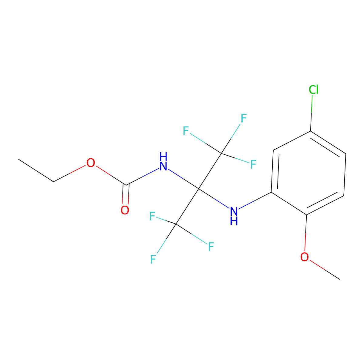 Ethyl 1-(5-chloro-2-methoxyanilino)-2,2,2-trifluoro-1-(trifluoromethyl)ethylcarbamate molecular structure, CAS 340031-51-8