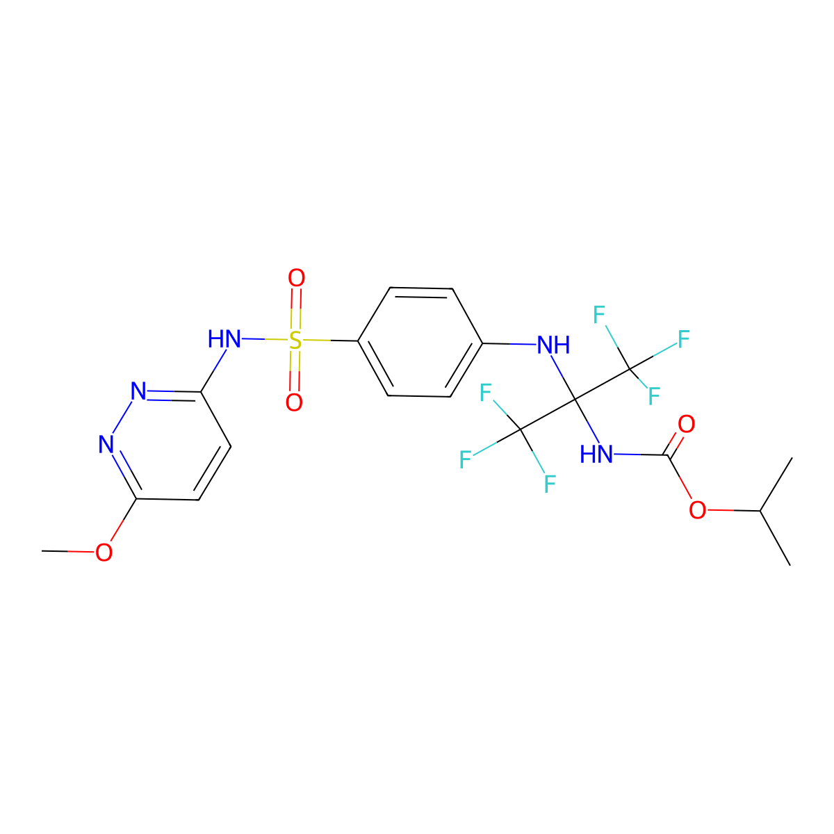 isopropyl (1,1,1,3,3,3-hexafluoro-2-((4-(N-(6-methoxypyridazin-3-yl)sulfamoyl)phenyl)amino)propan-2-yl)carbamate molecular structure, CAS 340031-76-7