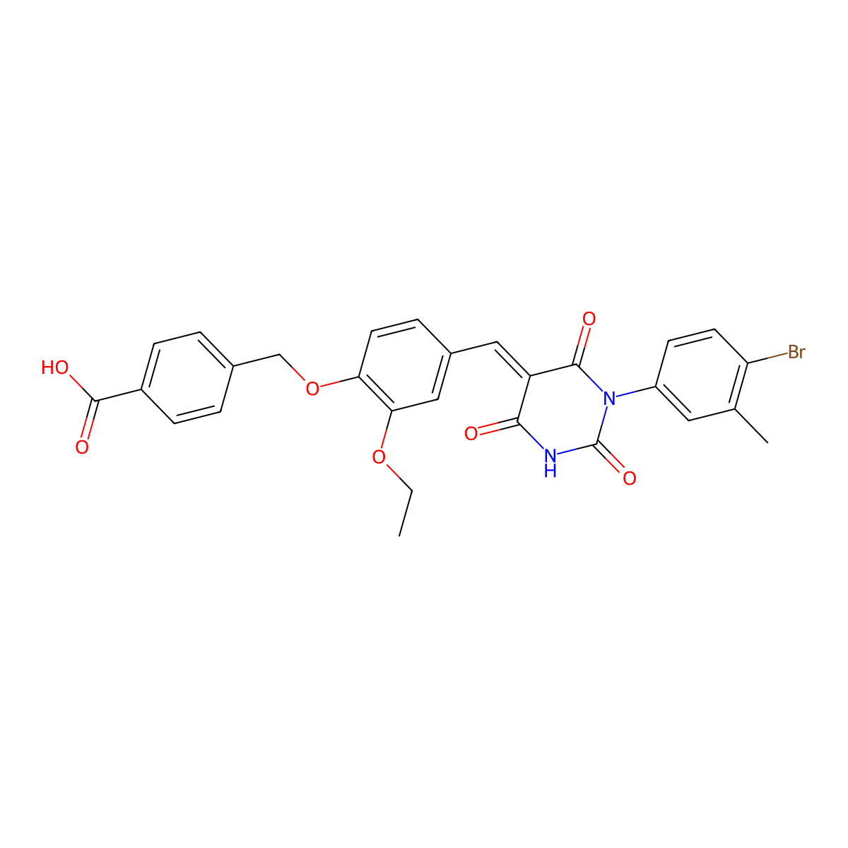 4-[[4-[[1-(4-Bromo-3-methylphenyl)tetrahydro-2,4,6-trioxo-5(2H)-pyrimidinylidene]methyl]-2-ethoxyphenoxy]methyl]benzoic acid molecular structure, CAS 340318-79-8