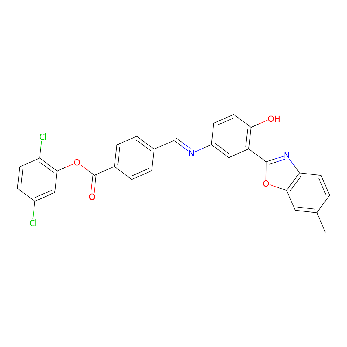 2,5-Dichlorophenyl 4-({[4-hydroxy-3-(6-methyl-1,3-benzoxazol-2-yl)phenyl]imino}methyl)benzoate molecular structure, CAS 340690-60-0