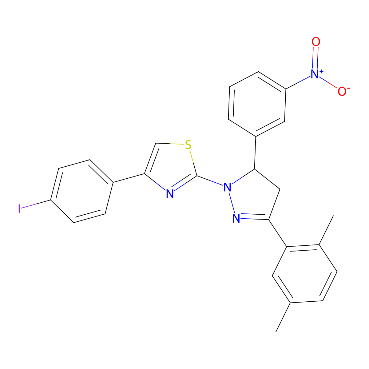 2-(3-(2,5-dimethylphenyl)-5-{3-nitrophenyl}-4,5-dihydro-1H-pyrazol-1-yl)-4-(4-iodophenyl)-1,3-thiazole molecular structure, CAS 340691-60-3