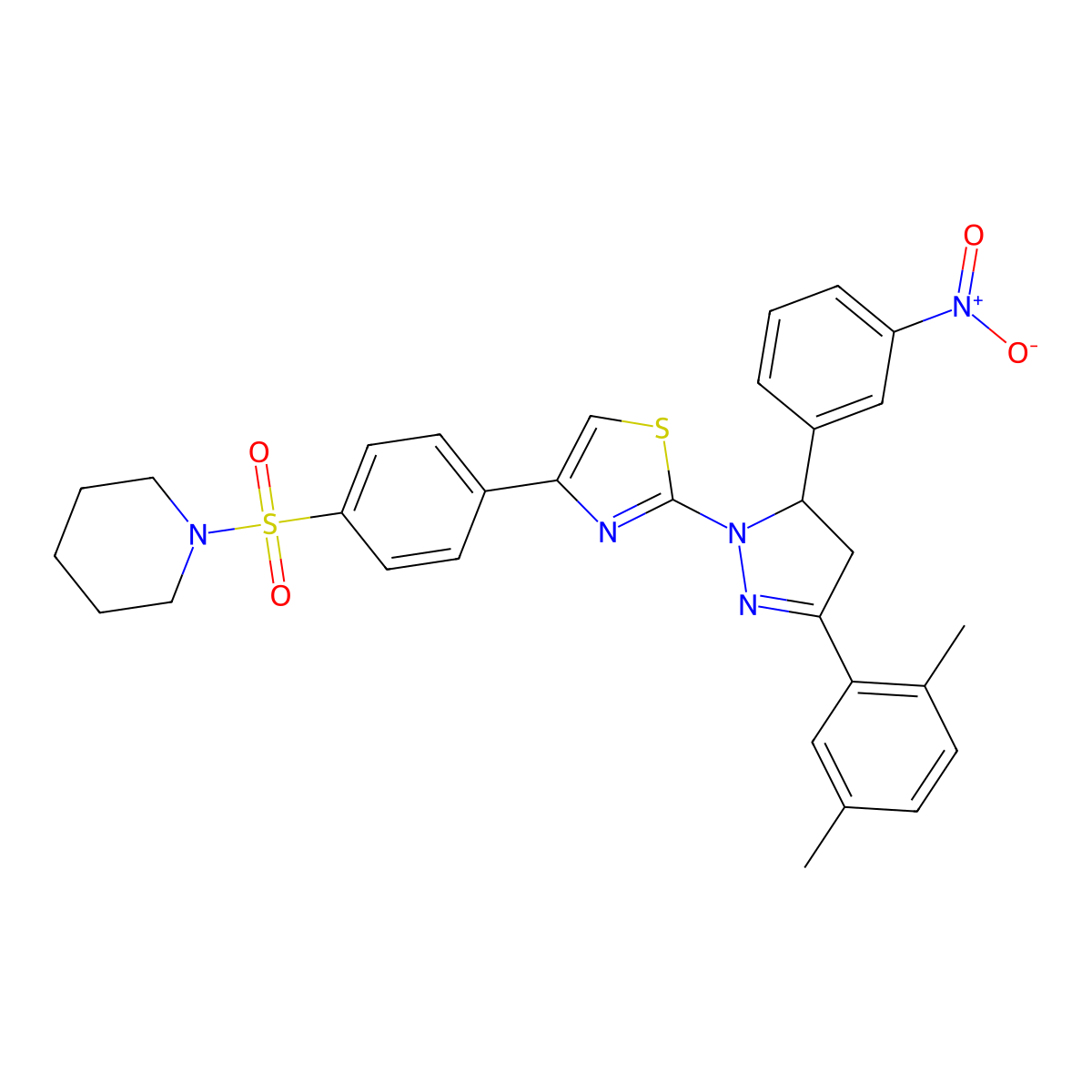 2-[5-(2,5-Dimethylphenyl)-3-(3-nitrophenyl)-3,4-dihydropyrazol-2-yl]-4-(4-piperidin-1-ylsulfonylphenyl)-1,3-thiazole molecular structure, CAS 340692-06-0