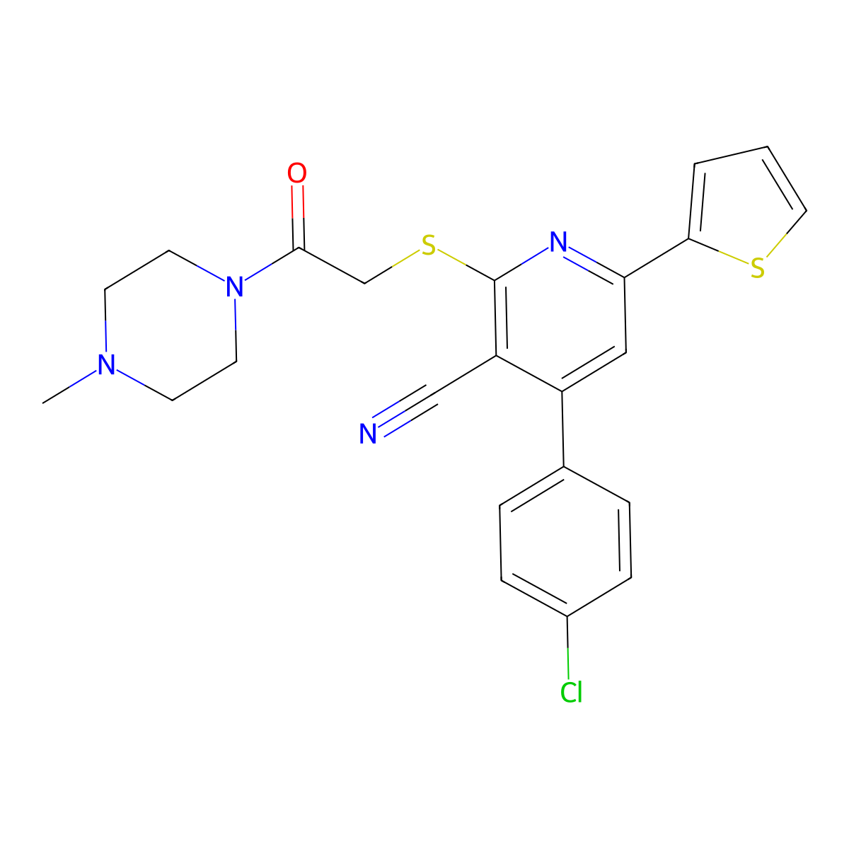4-(4-Chlorophenyl)-2-{[2-(4-methylpiperazin-1-yl)-2-oxoethyl]sulfanyl}-6-(thiophen-2-yl)pyridine-3-carbonitrile molecular structure, CAS 340807-32-1