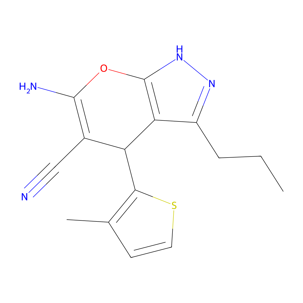 6-Amino-4-(3-methylthiophen-2-yl)-3-propyl-2,4-dihydropyrano[2,3-c]pyrazole-5-carbonitrile molecular structure, CAS 340807-50-3
