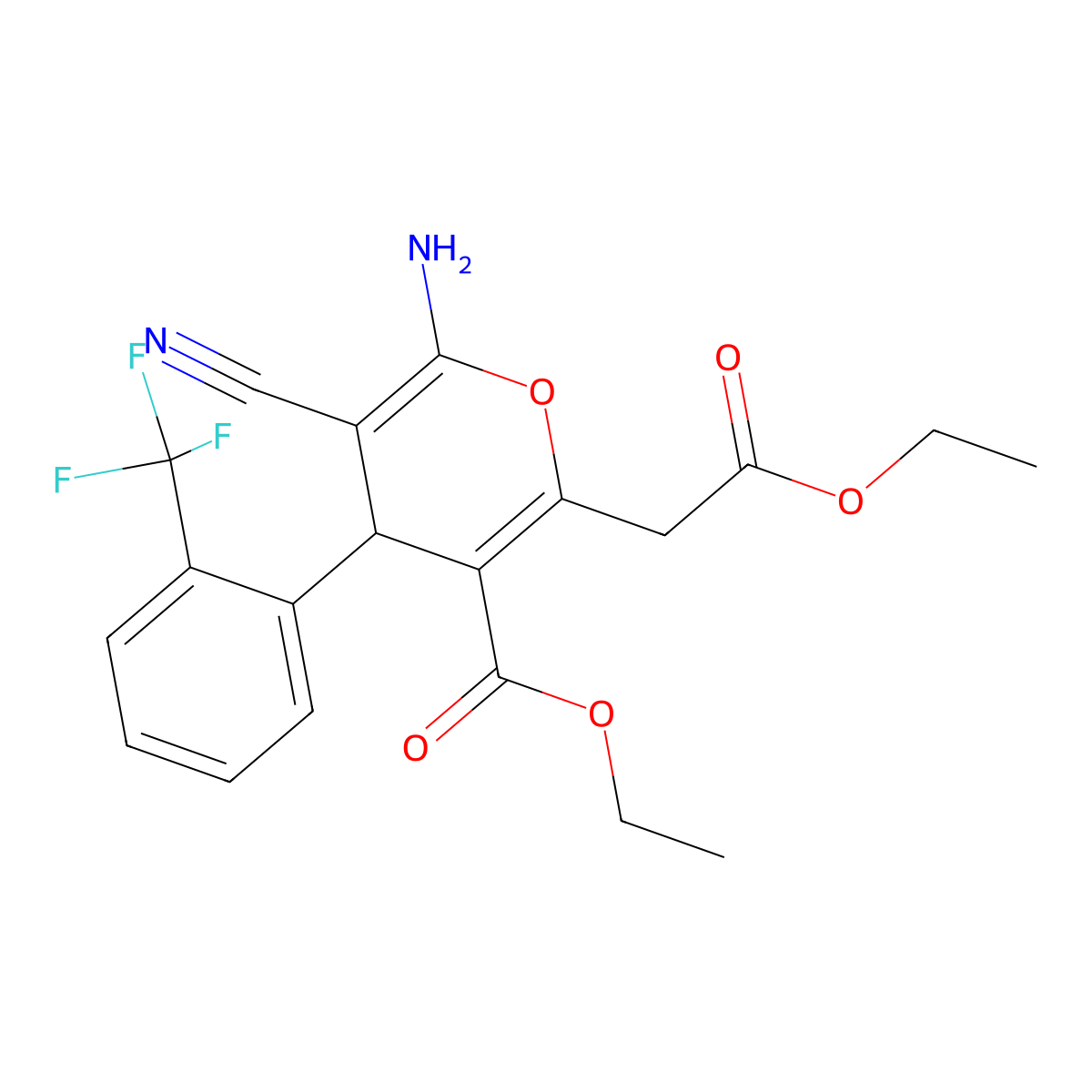 ethyl 6-amino-5-cyano-2-(2-ethoxy-2-oxoethyl)-4-[2-(trifluoromethyl)phenyl]-4H-pyran-3-carboxylate molecular structure, CAS 340807-52-5