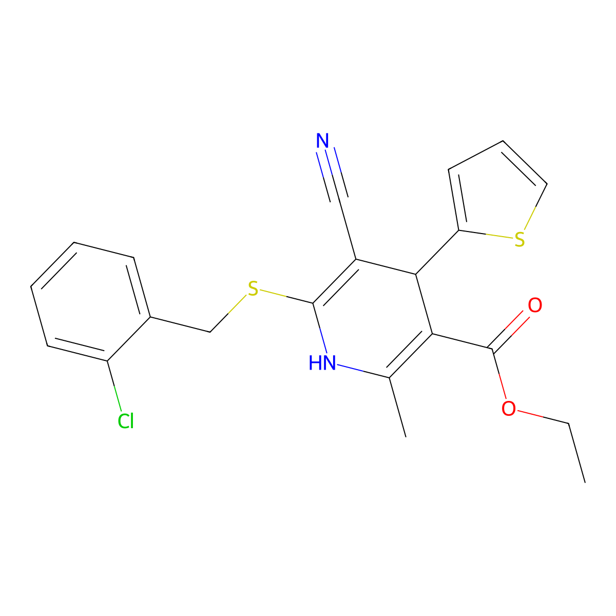 Ethyl 6-[(2-chlorobenzyl)sulfanyl]-5-cyano-2-methyl-4-(2-thienyl)-1,4-dihydro-3-pyridinecarboxylate molecular structure, CAS 340807-69-4