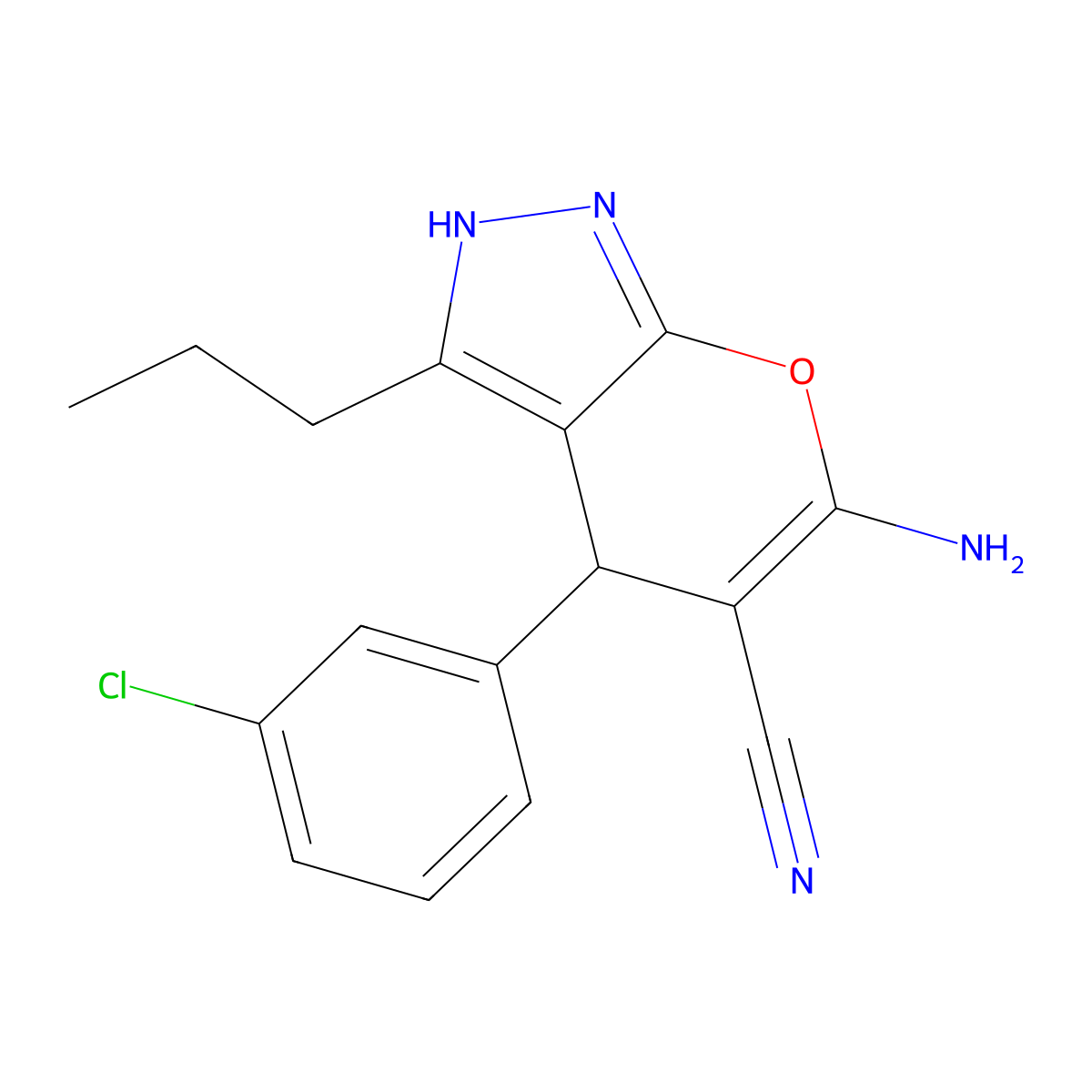 6-Amino-4-(3-chlorophenyl)-3-propyl-2,4-dihydropyrano[2,3-c]pyrazole-5-carbonitrile molecular structure, CAS 340807-75-2