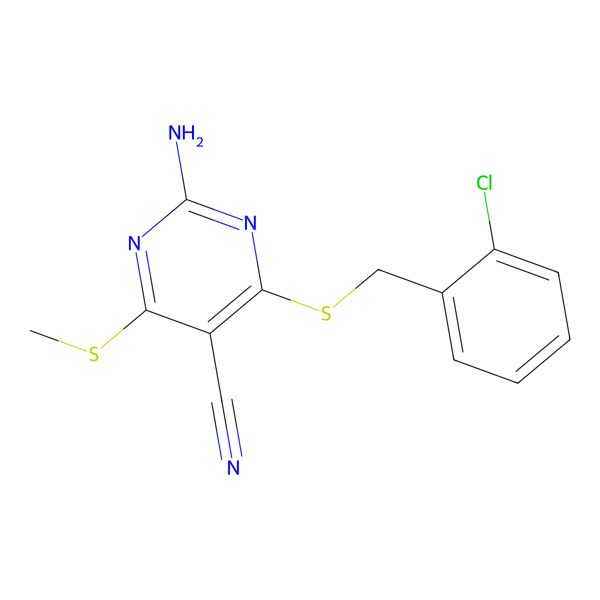 2-Amino-4-[(2-chlorobenzyl)sulfanyl]-6-(methylsulfanyl)pyrimidine-5-carbonitrile molecular structure, CAS 340807-78-5