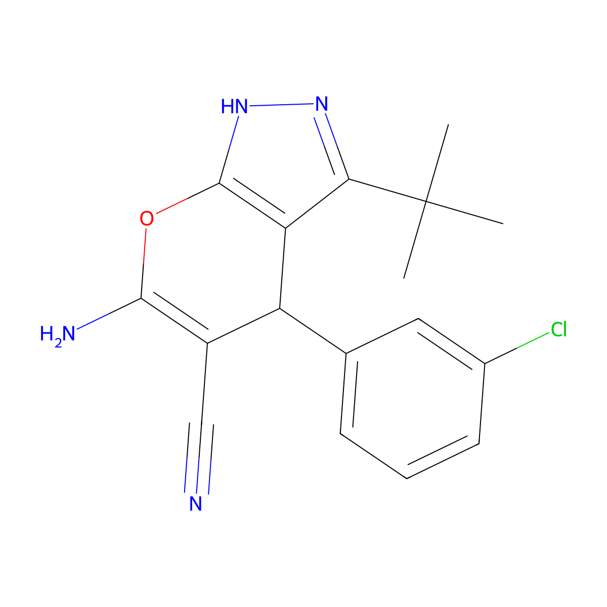 6-Amino-3-tert-butyl-4-(3-chlorophenyl)-2,4-dihydropyrano[2,3-c]pyrazole-5-carbonitrile molecular structure, CAS 340807-79-6