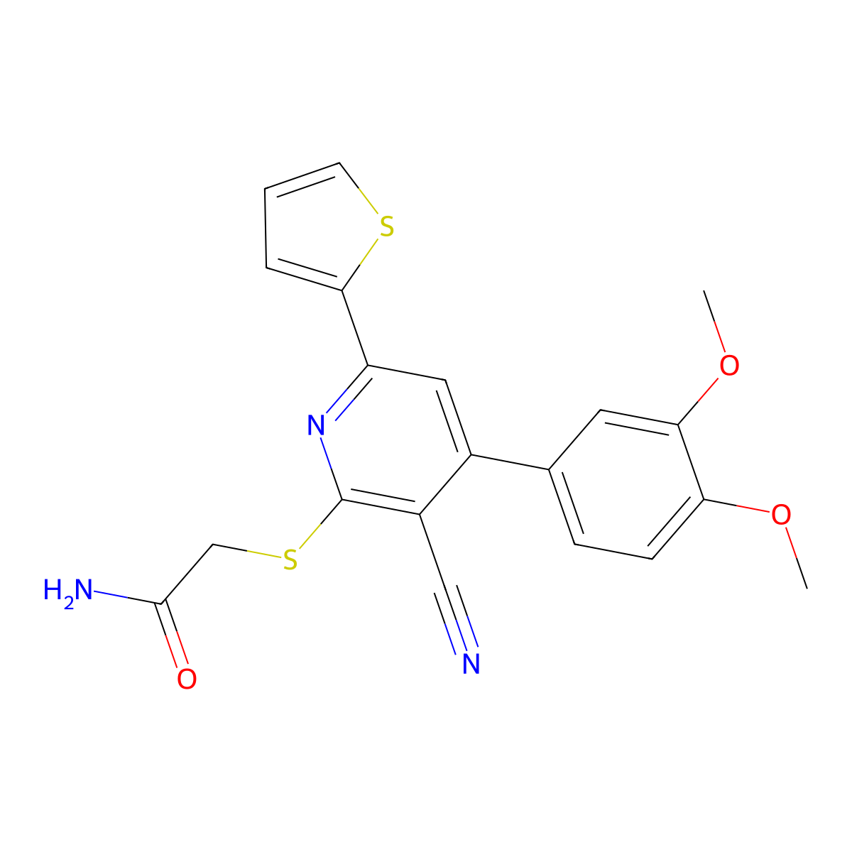 2-[3-Cyano-4-(3,4-dimethoxyphenyl)-6-thiophen-2-ylpyridin-2-yl]sulfanylacetamide molecular structure, CAS 340807-81-0
