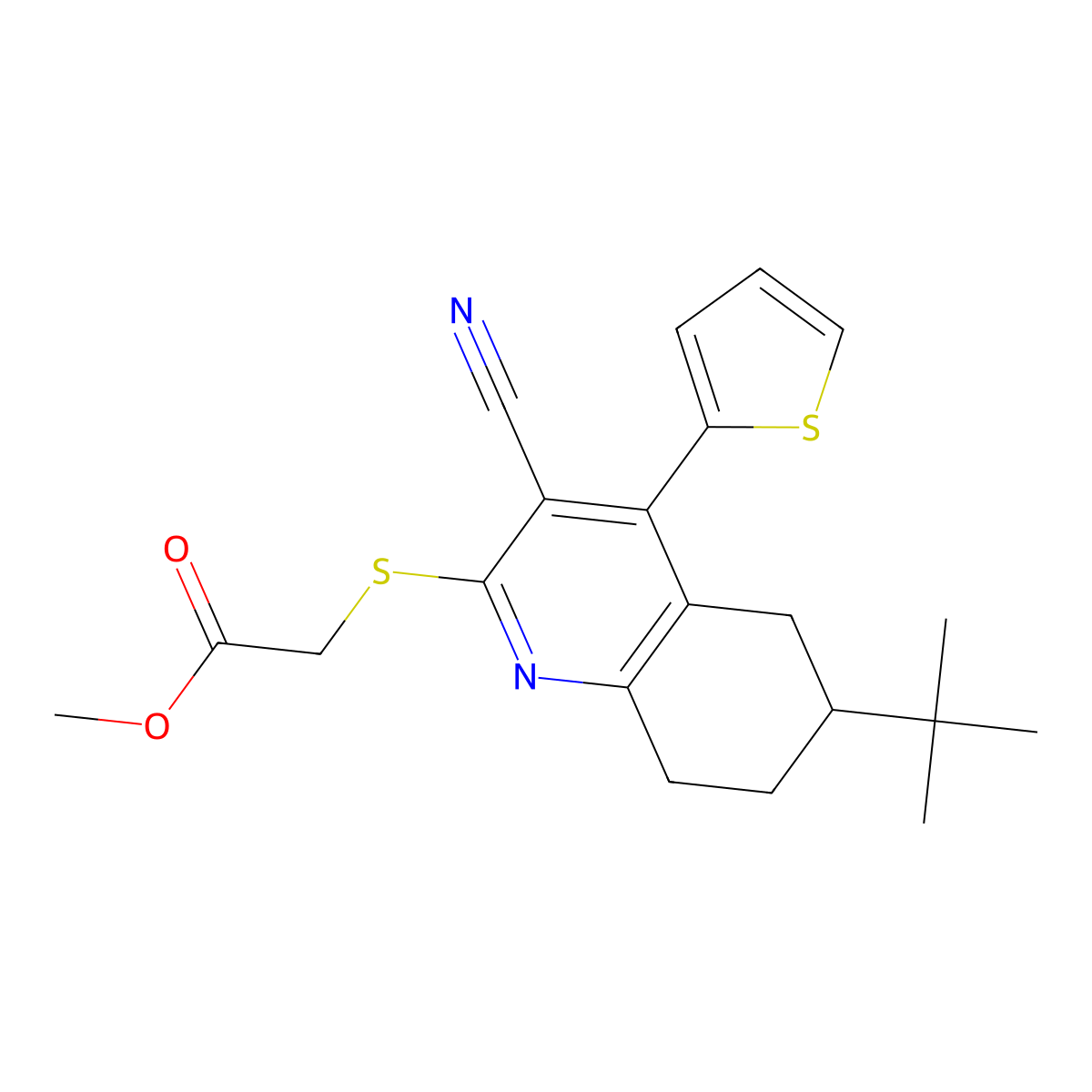 Methyl 2-{[6-(tert-butyl)-3-cyano-4-(2-thienyl)-5,6,7,8-tetrahydro-2-quinolinyl]sulfanyl}acetate molecular structure, CAS 340807-83-2