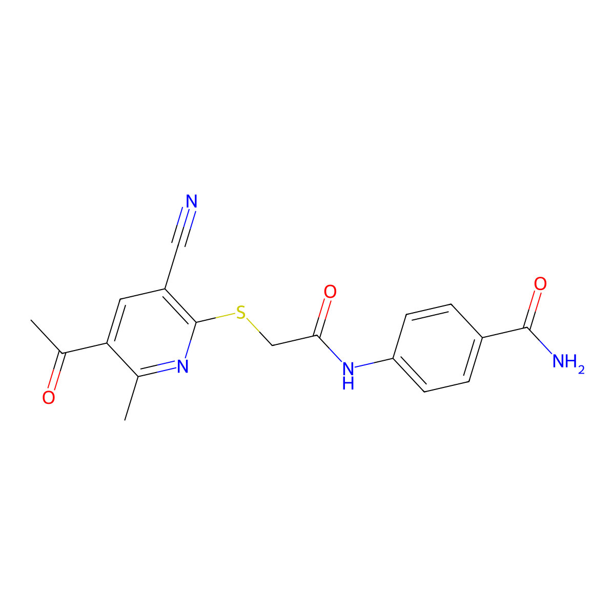 4-[[2-(5-Acetyl-3-cyano-6-methylpyridin-2-yl)sulfanylacetyl]amino]benzamide molecular structure, CAS 340807-91-2