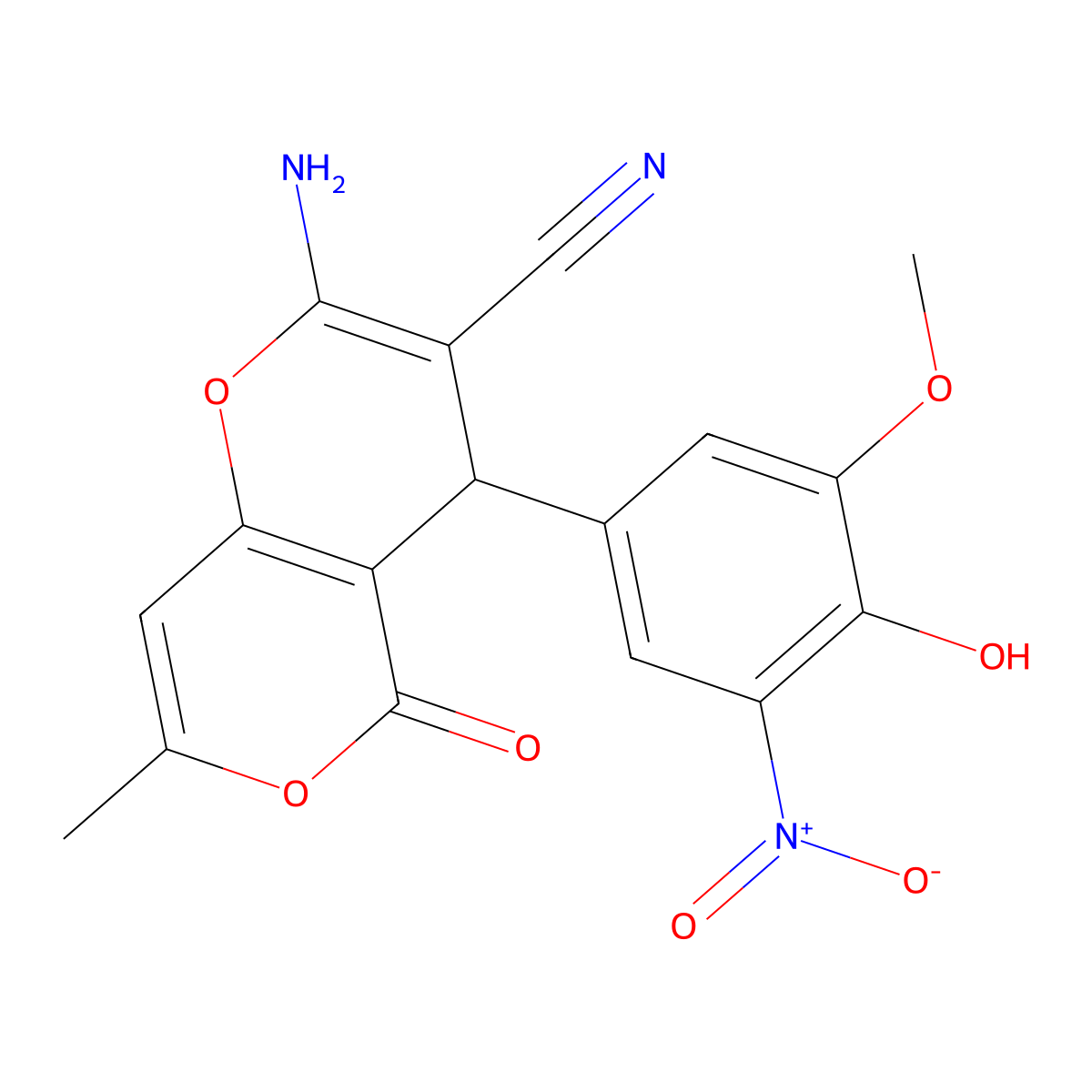2-amino-4-(4-hydroxy-3-methoxy-5-nitrophenyl)-7-methyl-5-oxo-4H,5H-pyrano[4,3-b]pyran-3-carbonitrile molecular structure, CAS 340808-03-9