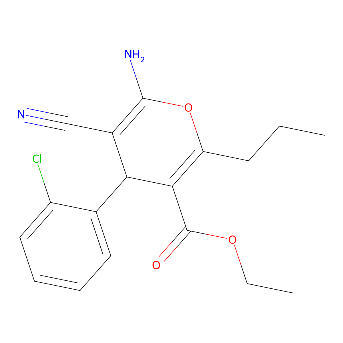 ethyl 6-amino-4-(2-chlorophenyl)-5-cyano-2-propyl-4H-pyran-3-carboxylate molecular structure, CAS 340808-14-2