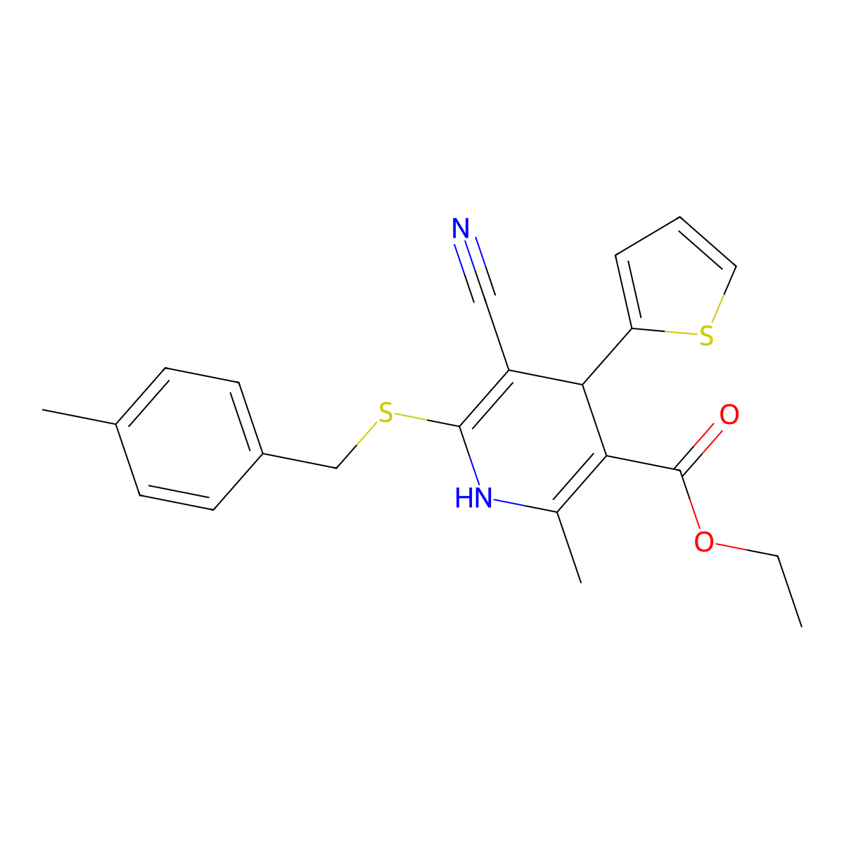 Ethyl 5-cyano-2-methyl-6-[(4-methylbenzyl)sulfanyl]-4-(2-thienyl)-1,4-dihydro-3-pyridinecarboxylate molecular structure, CAS 340808-27-7