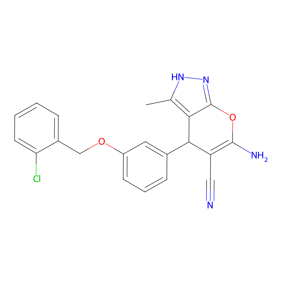 6-Amino-4-{3-[(2-chlorobenzyl)oxy]phenyl}-3-methyl-2,4-dihydropyrano[2,3-c]pyrazole-5-carbonitrile molecular structure, CAS 340808-29-9