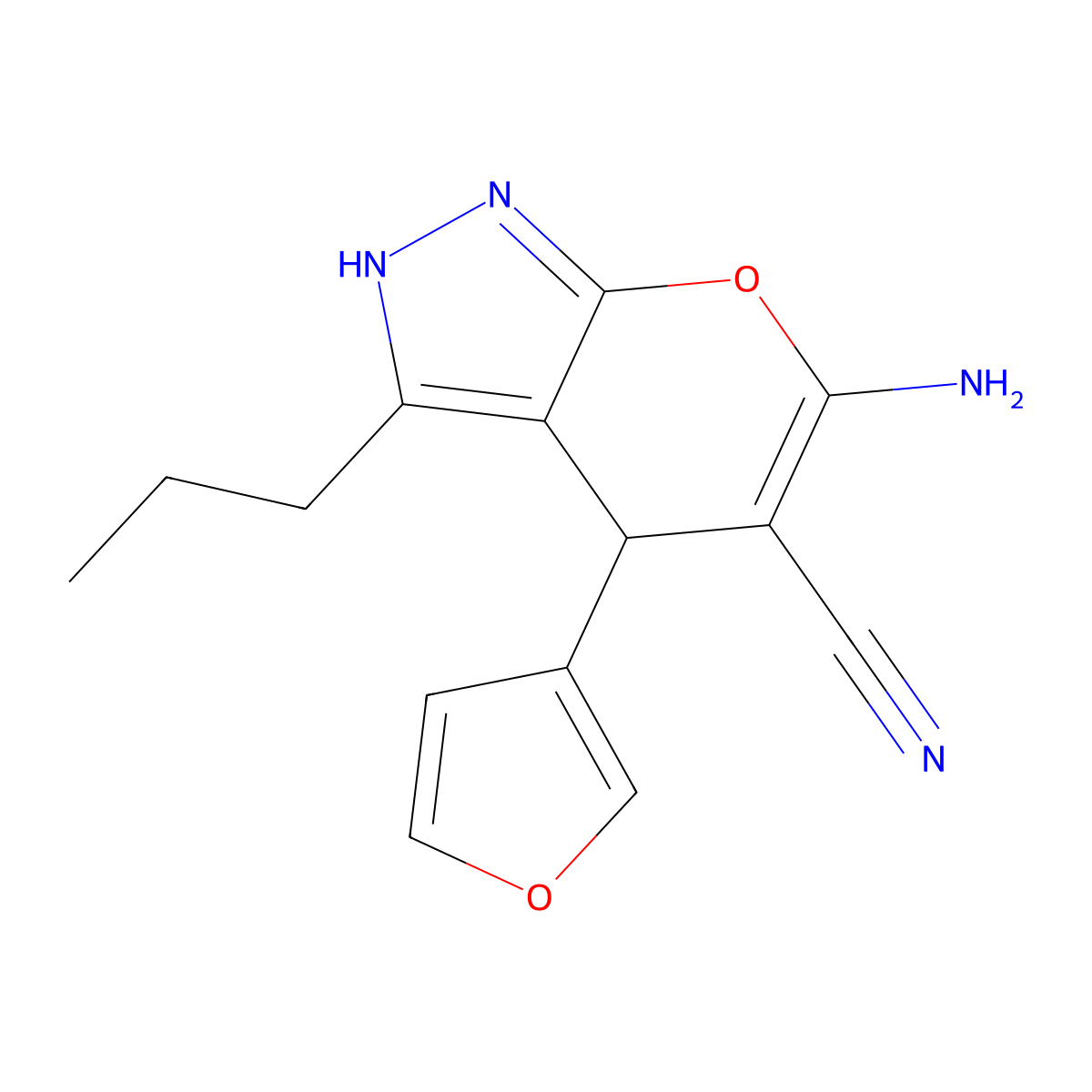 6-Amino-4-(3-furanyl)-3-propyl-2,4-dihydropyrano[2,3-c]pyrazole-5-carbonitrile molecular structure, CAS 340808-49-3