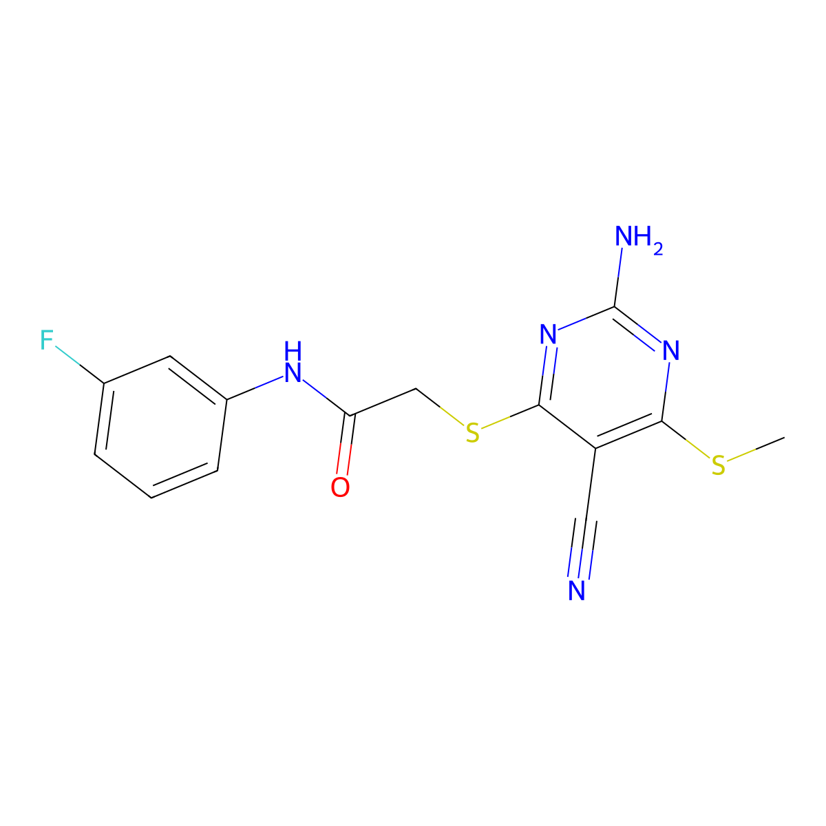2-(2-amino-5-cyano-6-methylsulfanylpyrimidin-4-yl)sulfanyl-N-(3-fluorophenyl)acetamide molecular structure, CAS 340808-55-1