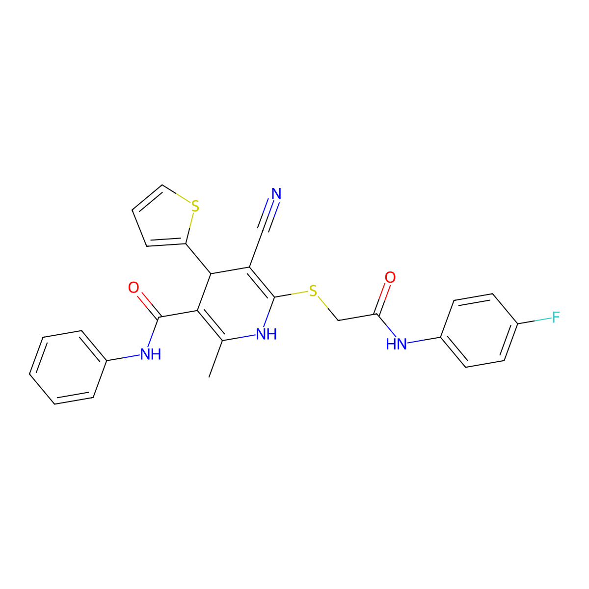 5-cyano-6-({2-[(4-fluorophenyl)amino]-2-oxoethyl}sulfanyl)-2-methyl-N-phenyl-4-(thiophen-2-yl)-1,4-dihydropyridine-3-carboxamide molecular structure, CAS 340808-71-1