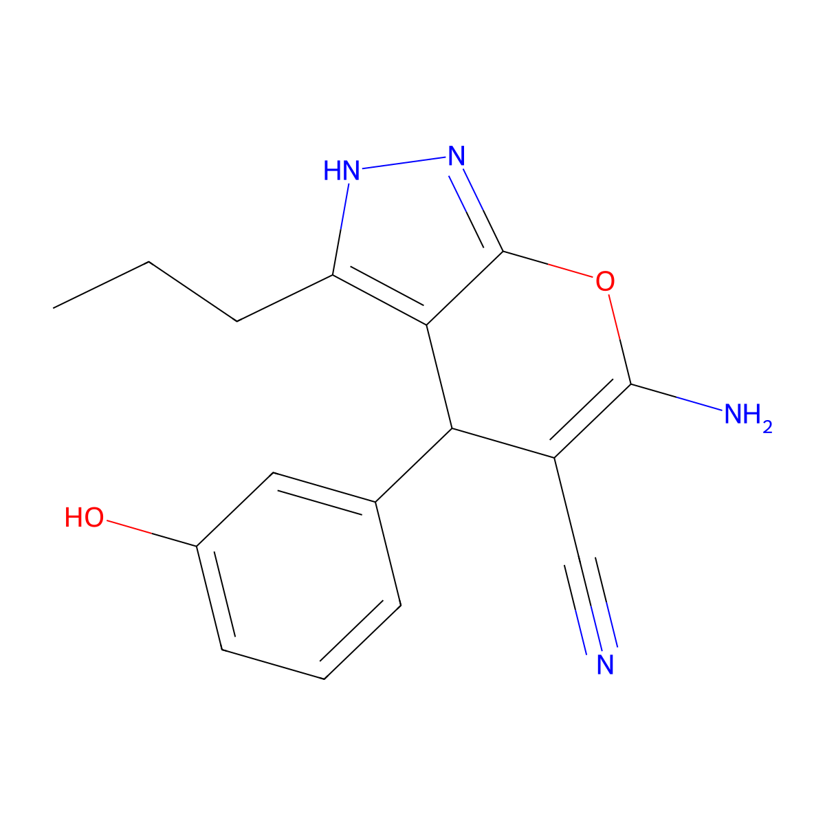 6-Amino-4-(3-hydroxyphenyl)-3-propyl-2,4-dihydropyrano[2,3-c]pyrazole-5-carbonitrile molecular structure, CAS 340808-74-4