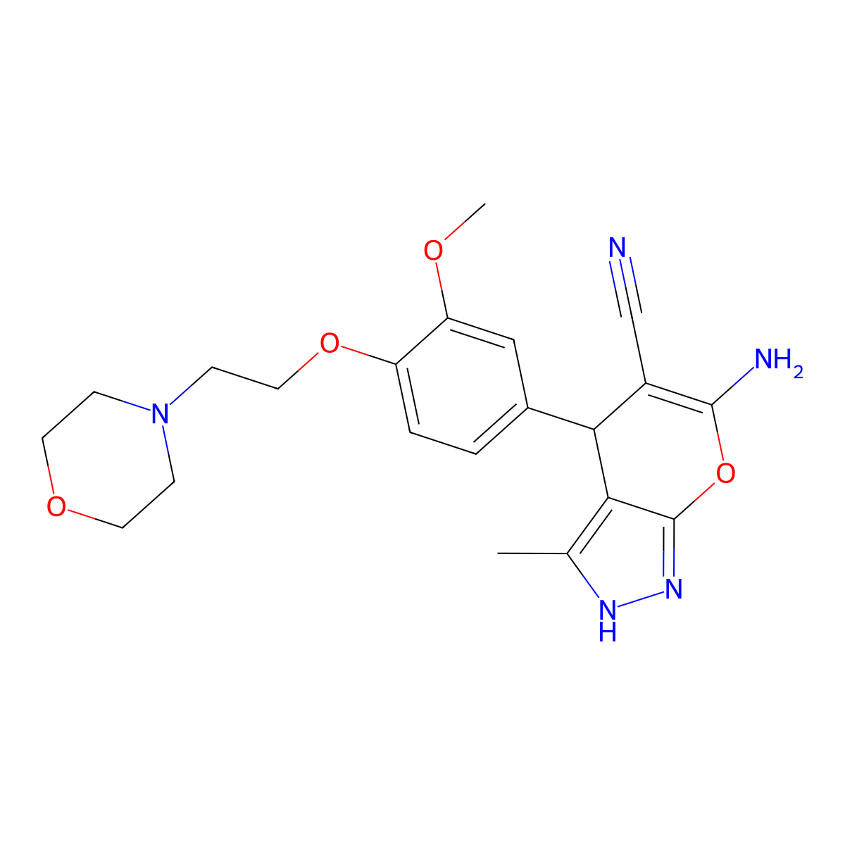 6-Amino-4-[3-methoxy-4-(2-morpholin-4-ylethoxy)phenyl]-3-methyl-2,4-dihydropyrano[2,3-c]pyrazole-5-carbonitrile molecular structure, CAS 340808-80-2