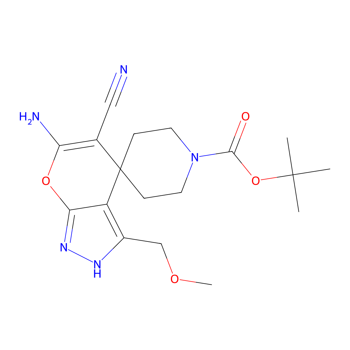 tert-butyl 6-amino-5-cyano-3-(methoxymethyl)spiro[2H-pyrano[2,3-c]pyrazole-4,4'-piperidine]-1'-carboxylate molecular structure, CAS 340808-82-4