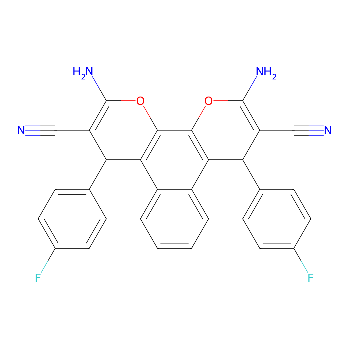 2,11-Diamino-4,9-bis(4-fluorophenyl)-4,9-dihydrobenzo[f]pyrano[3,2-h]chromene-3,10-dicarbonitrile molecular structure, CAS 340809-05-4