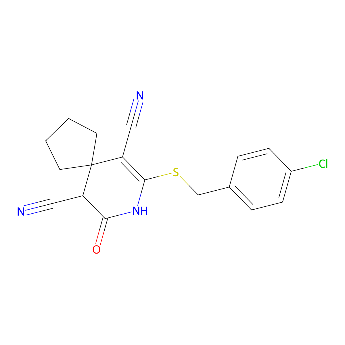 9-[(4-Chlorophenyl)methylsulfanyl]-7-oxo-8-azaspiro[4.5]dec-9-ene-6,10-dicarbonitrile molecular structure, CAS 340809-10-1