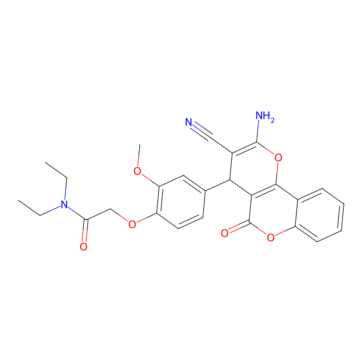 2-[4-(2-amino-3-cyano-5-oxo-4H,5H-pyrano[3,2-c]chromen-4-yl)-2-methoxyphenoxy]-N,N-diethylacetamide molecular structure, CAS 340811-38-3