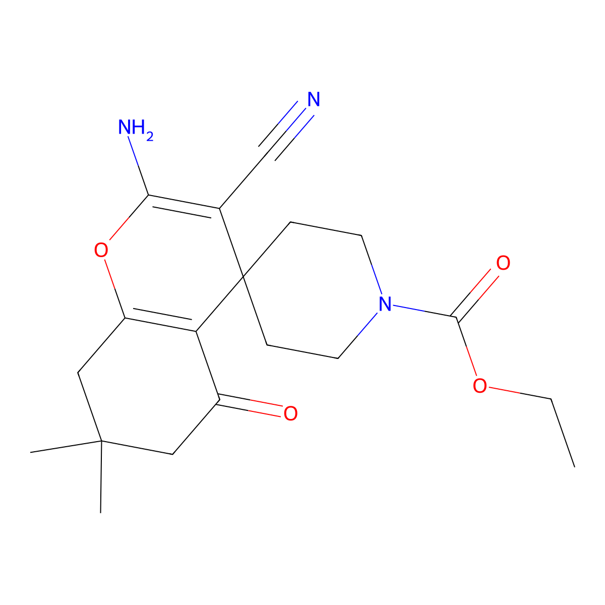 Ethyl 2-amino-3-cyano-7,7-dimethyl-5-oxo-5,6,7,8-tetrahydrospiro[chromene-4,4'-piperidine]-1'-carboxylate molecular structure, CAS 340812-17-1