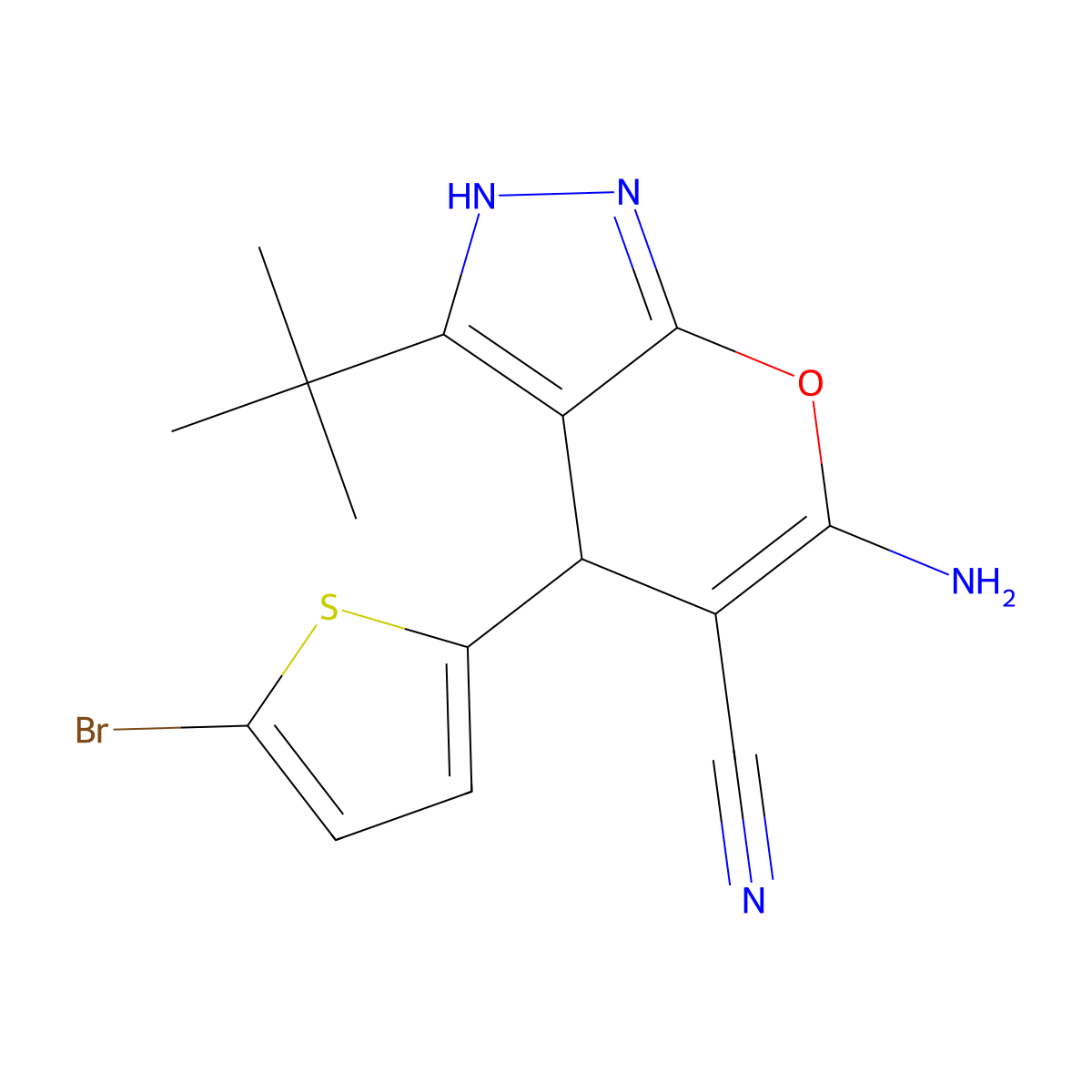 6-Amino-4-(5-bromothiophen-2-yl)-3-tert-butyl-2,4-dihydropyrano[2,3-c]pyrazole-5-carbonitrile molecular structure, CAS 340812-32-0
