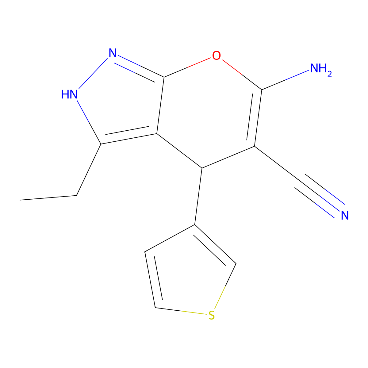 6-Amino-3-ethyl-4-thiophen-3-yl-2,4-dihydropyrano[2,3-c]pyrazole-5-carbonitrile molecular structure, CAS 340812-34-2