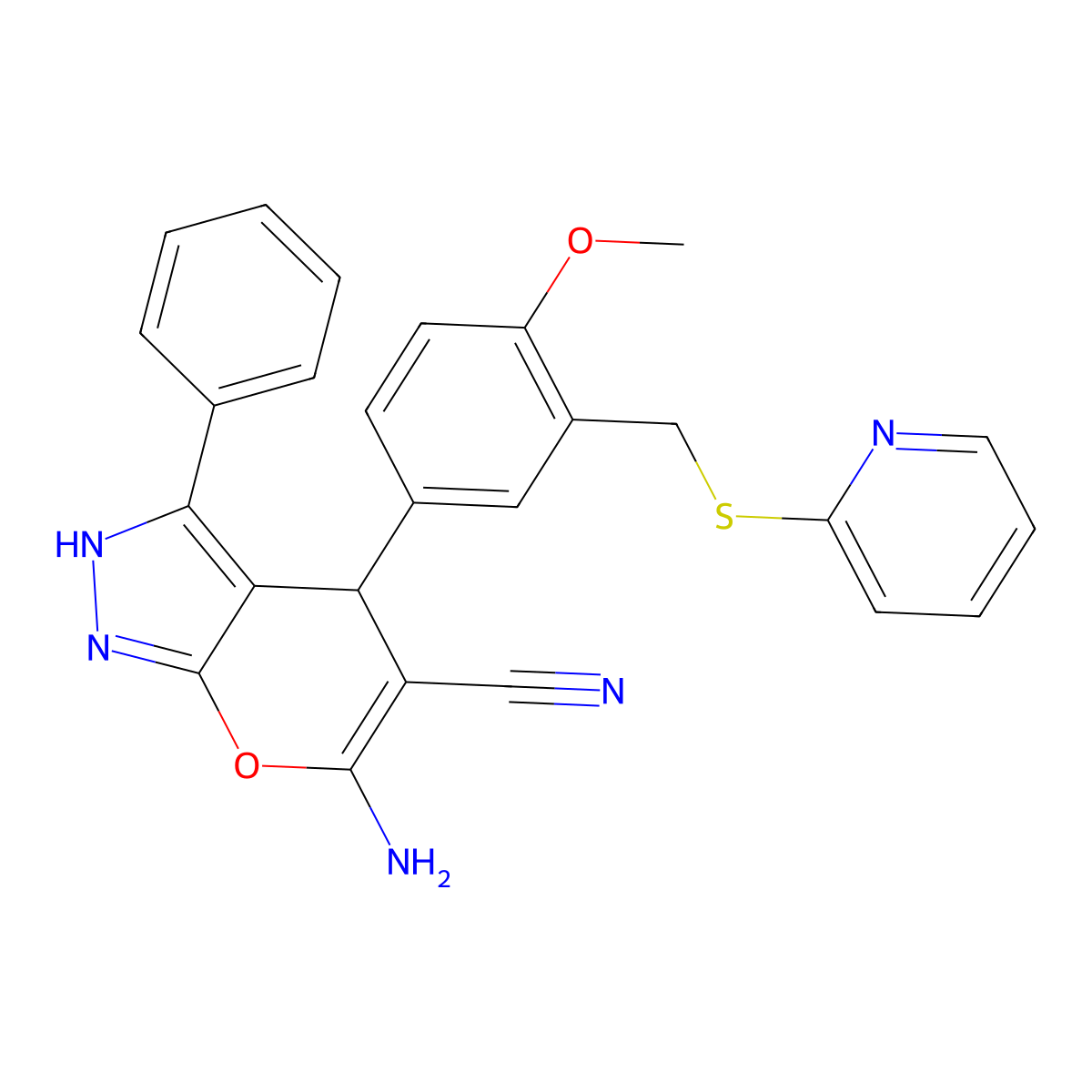 6-Amino-4-[4-methoxy-3-(pyridin-2-ylsulfanylmethyl)phenyl]-3-phenyl-2,4-dihydropyrano[2,3-c]pyrazole-5-carbonitrile molecular structure, CAS 340812-48-8
