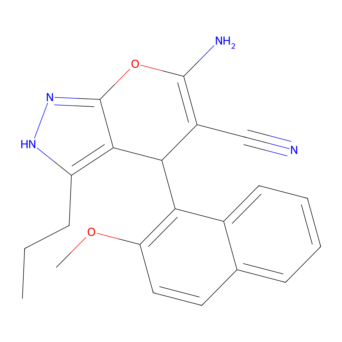 6-Amino-4-(2-methoxynaphthalen-1-yl)-3-propyl-2,4-dihydropyrano[2,3-c]pyrazole-5-carbonitrile molecular structure, CAS 340812-56-8