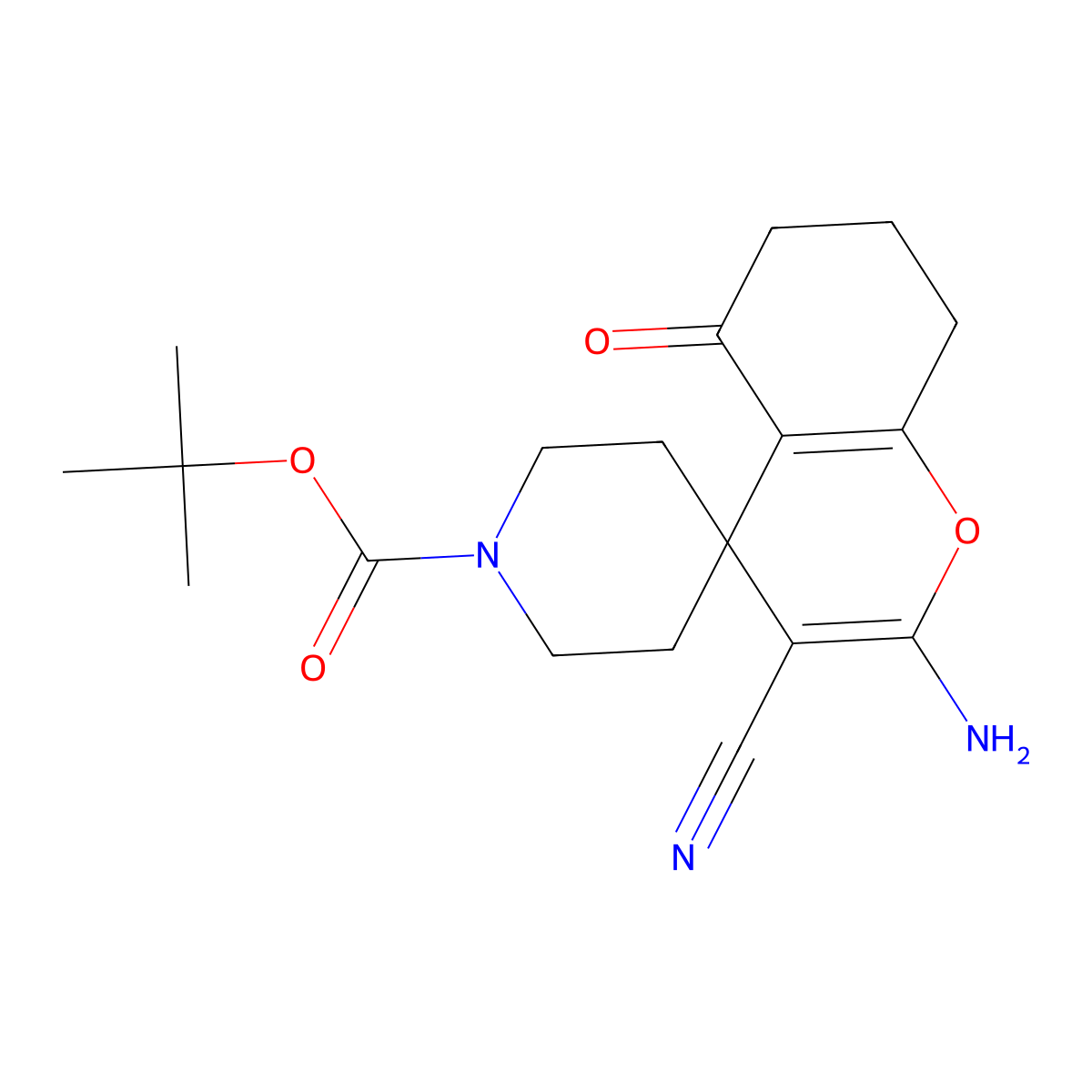 tert-butyl 2-amino-3-cyano-5-oxospiro[7,8-dihydro-6H-chromene-4,4'-piperidine]-1'-carboxylate molecular structure, CAS 340812-59-1